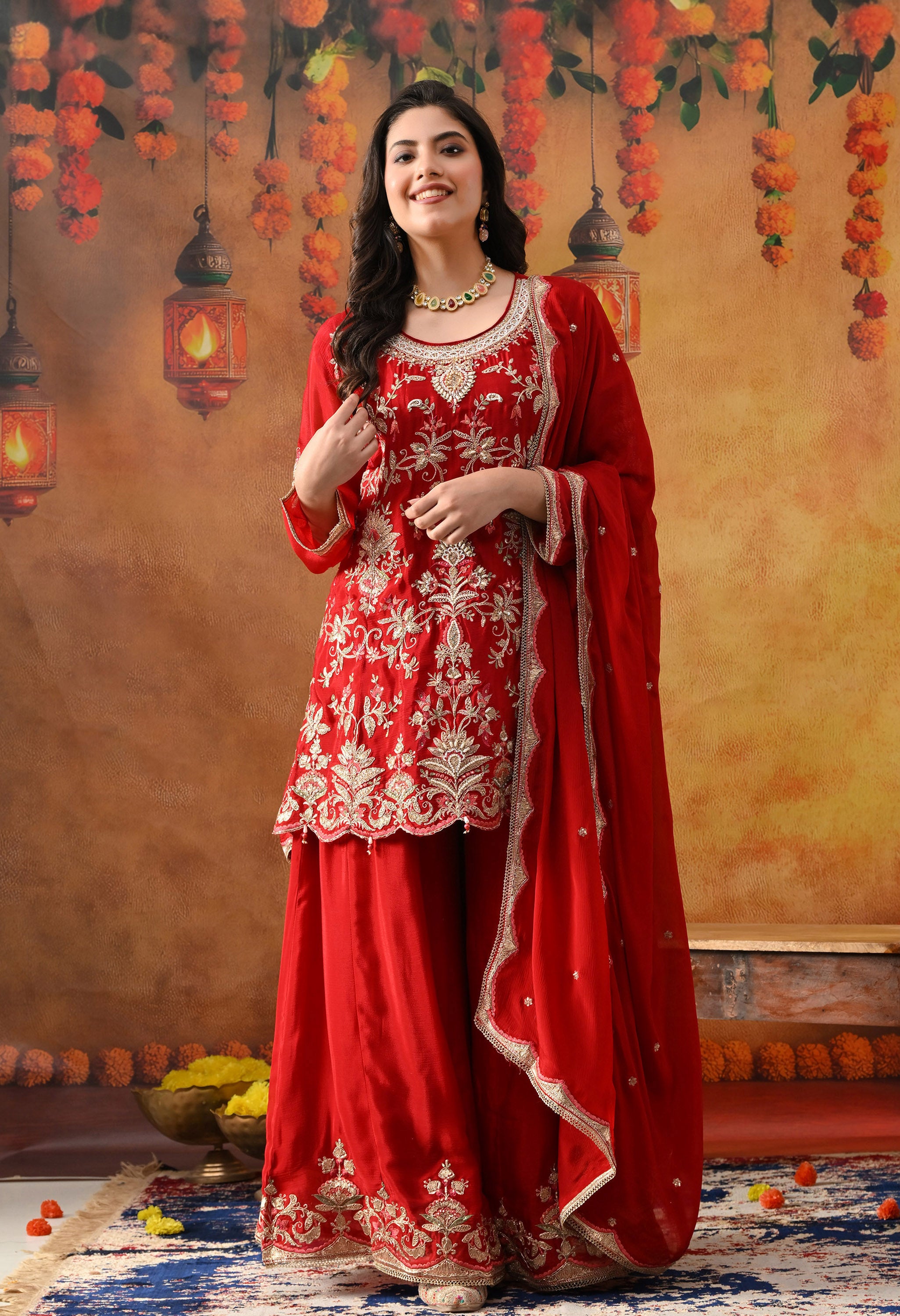 Reddish Maroon Chinon Sharara Set