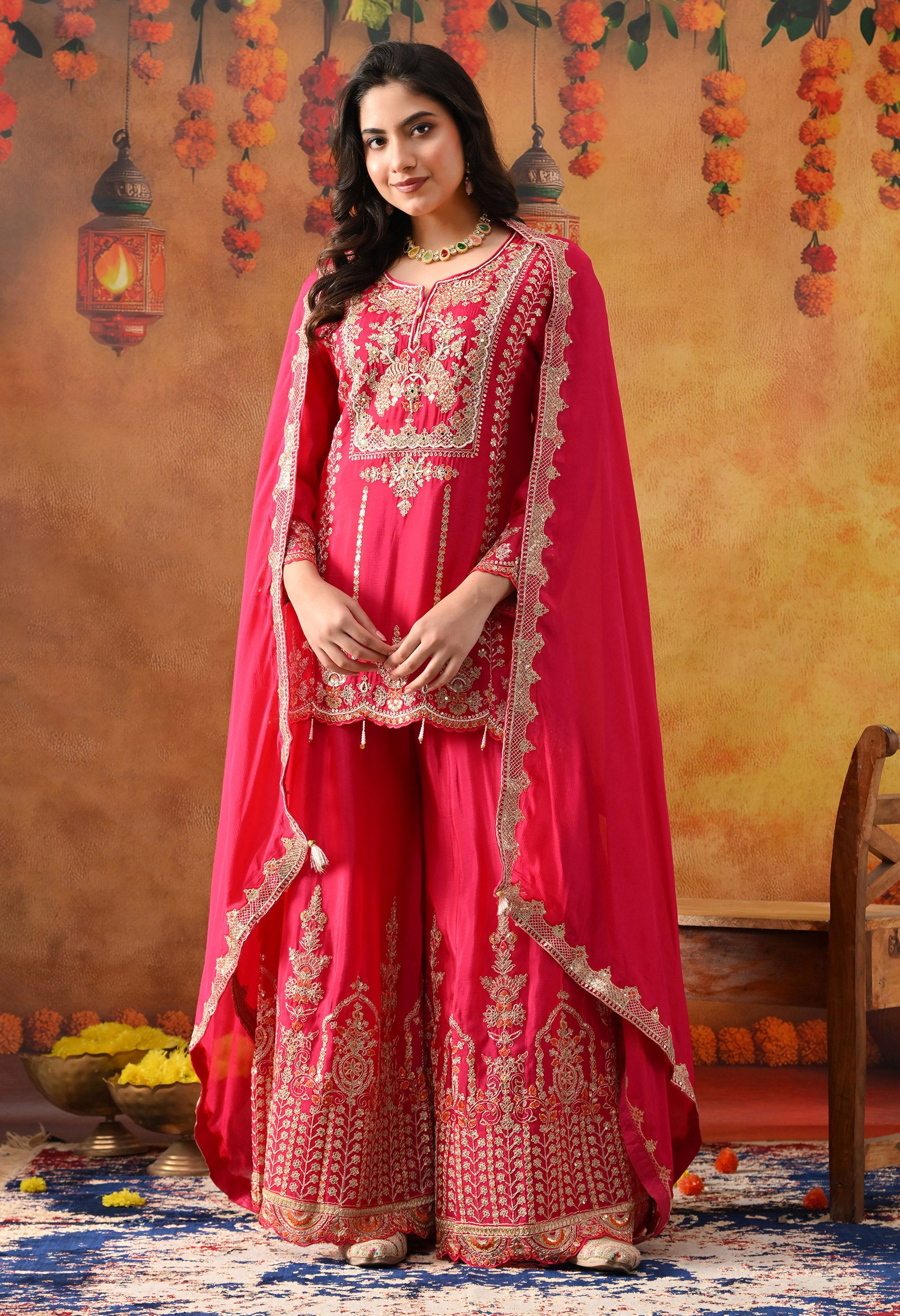 Hot Pink Chinon Sharara Set