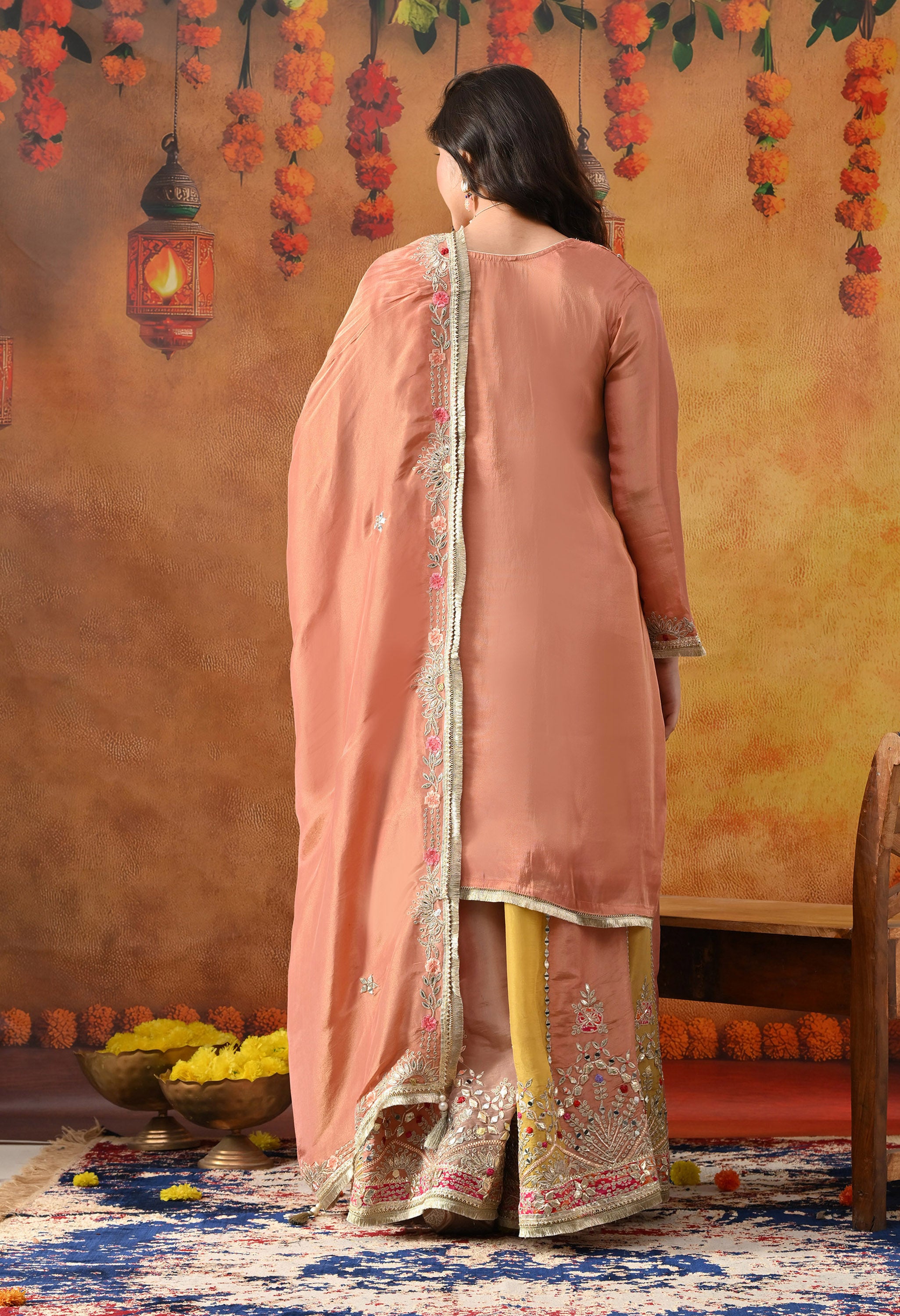 Creamy Peach Tissue Crepe Sharara Set
