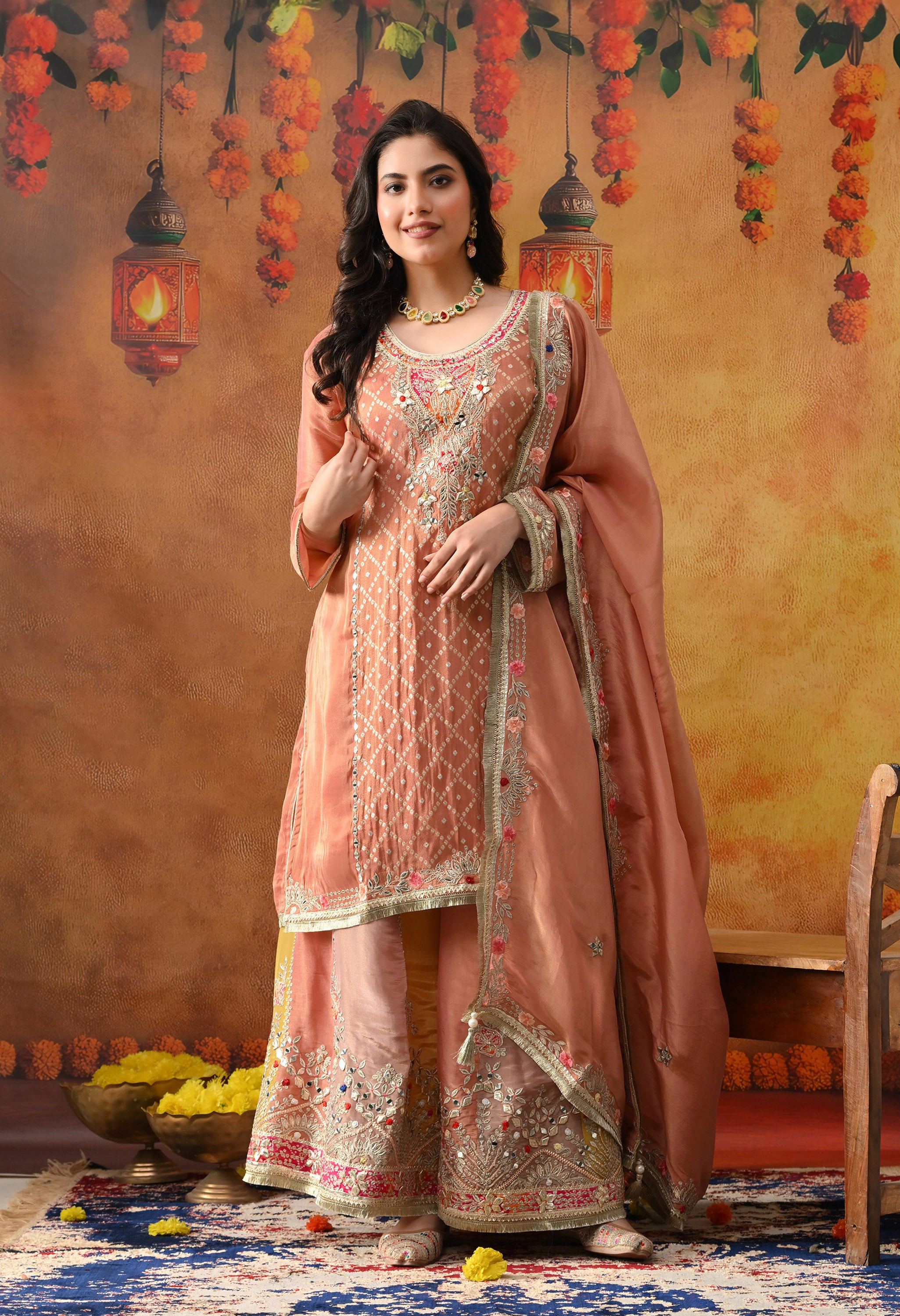 Creamy Peach Tissue Crepe Sharara Set