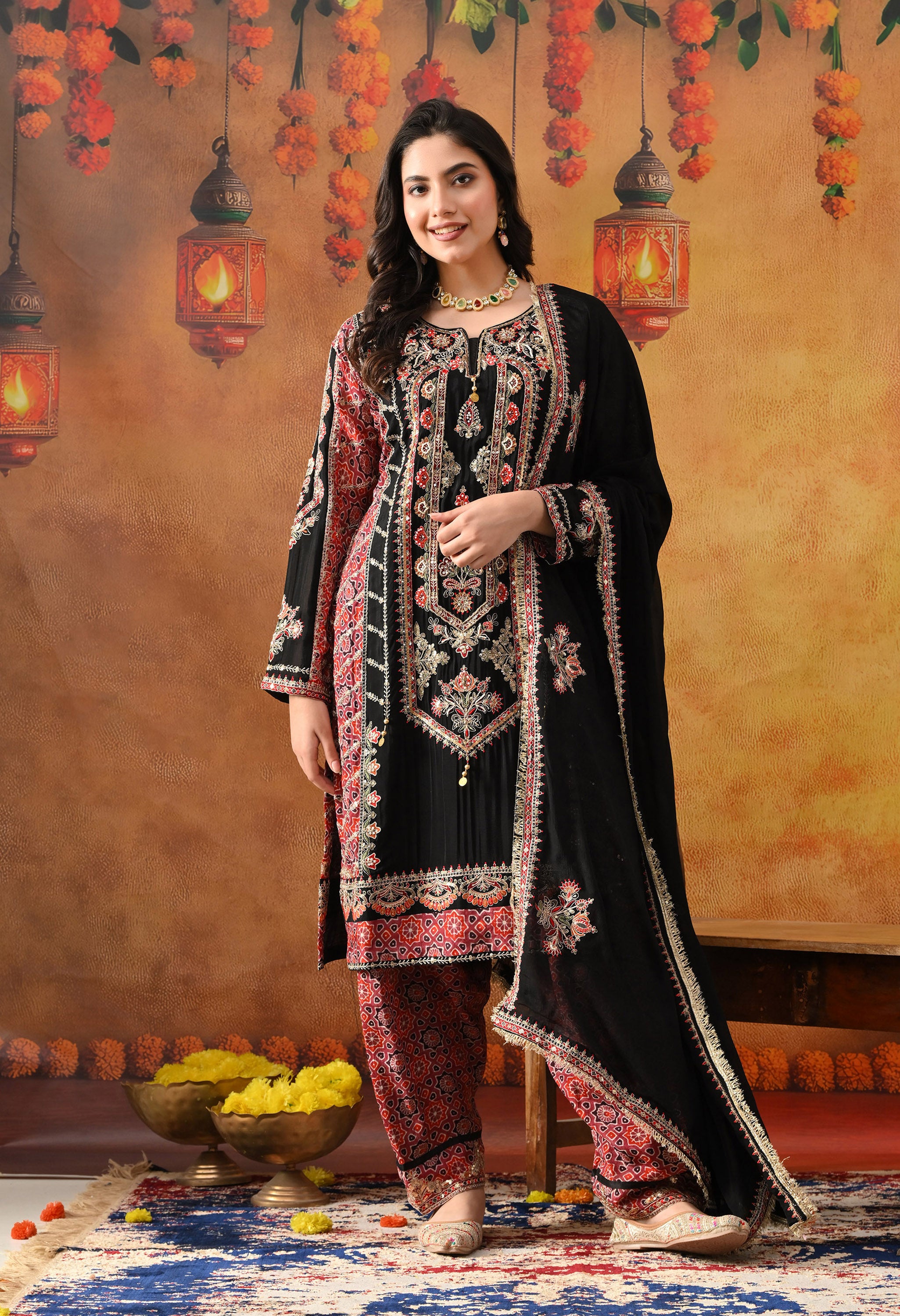 Black Chinon Kurta Set