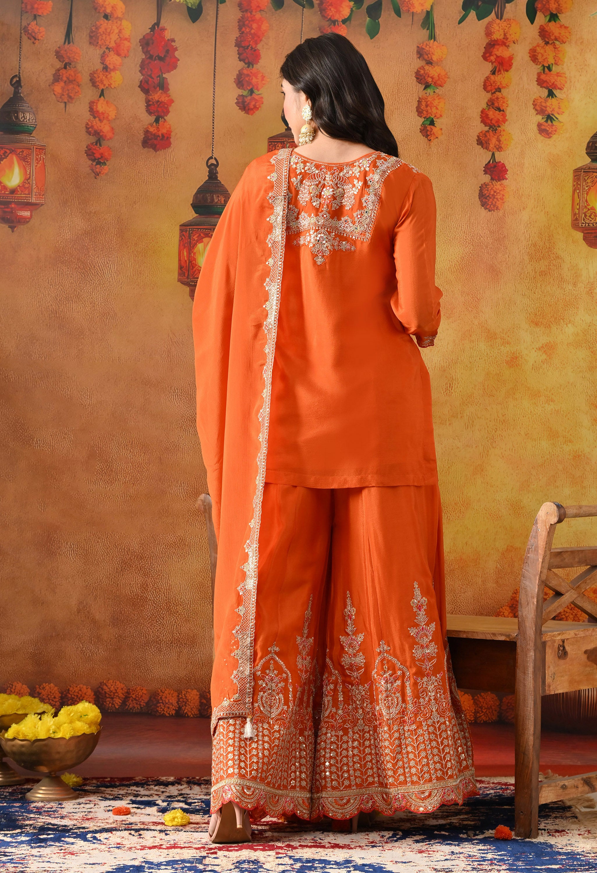 Orange Chinon Sharara Set