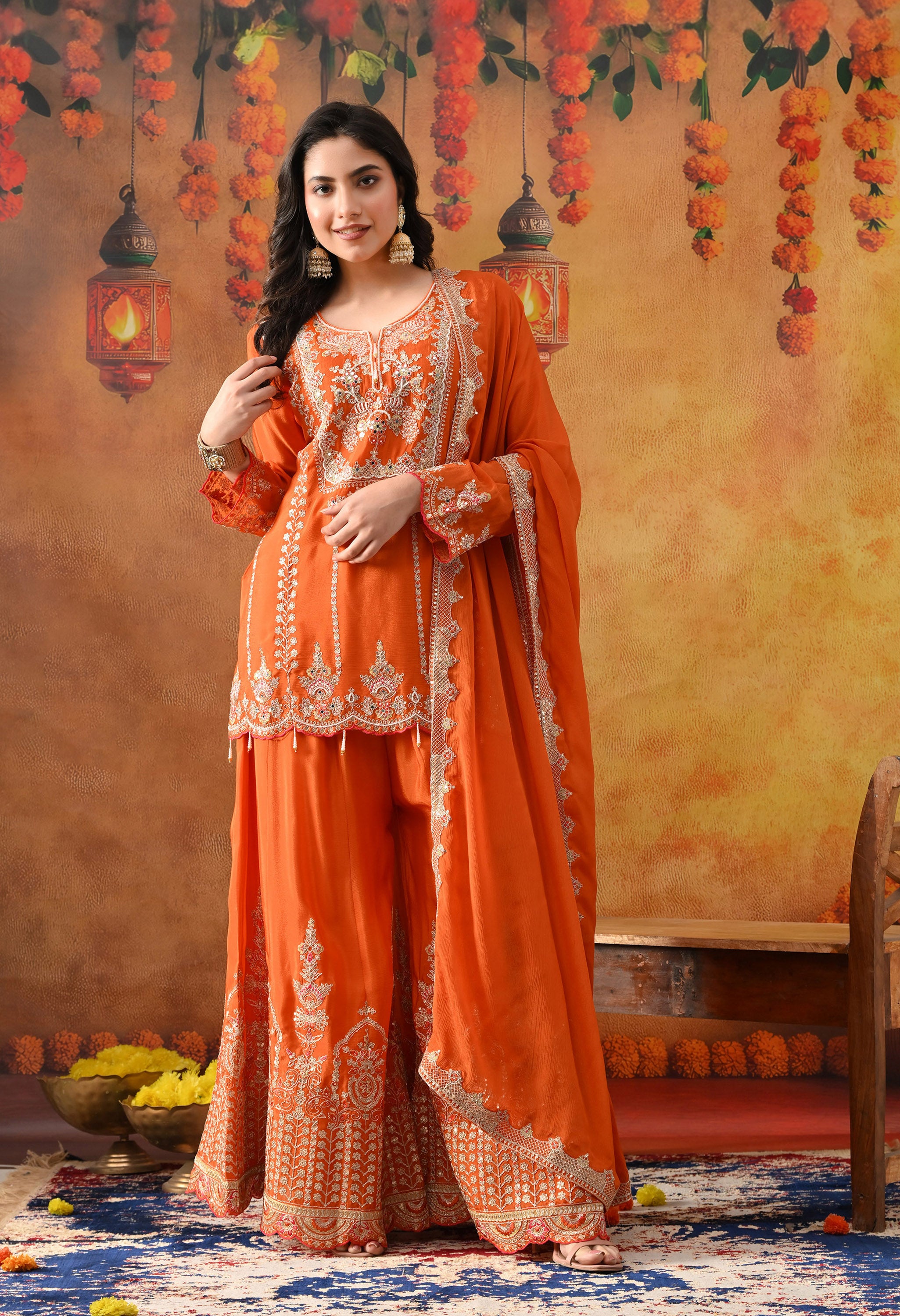 Orange Chinon Sharara Set