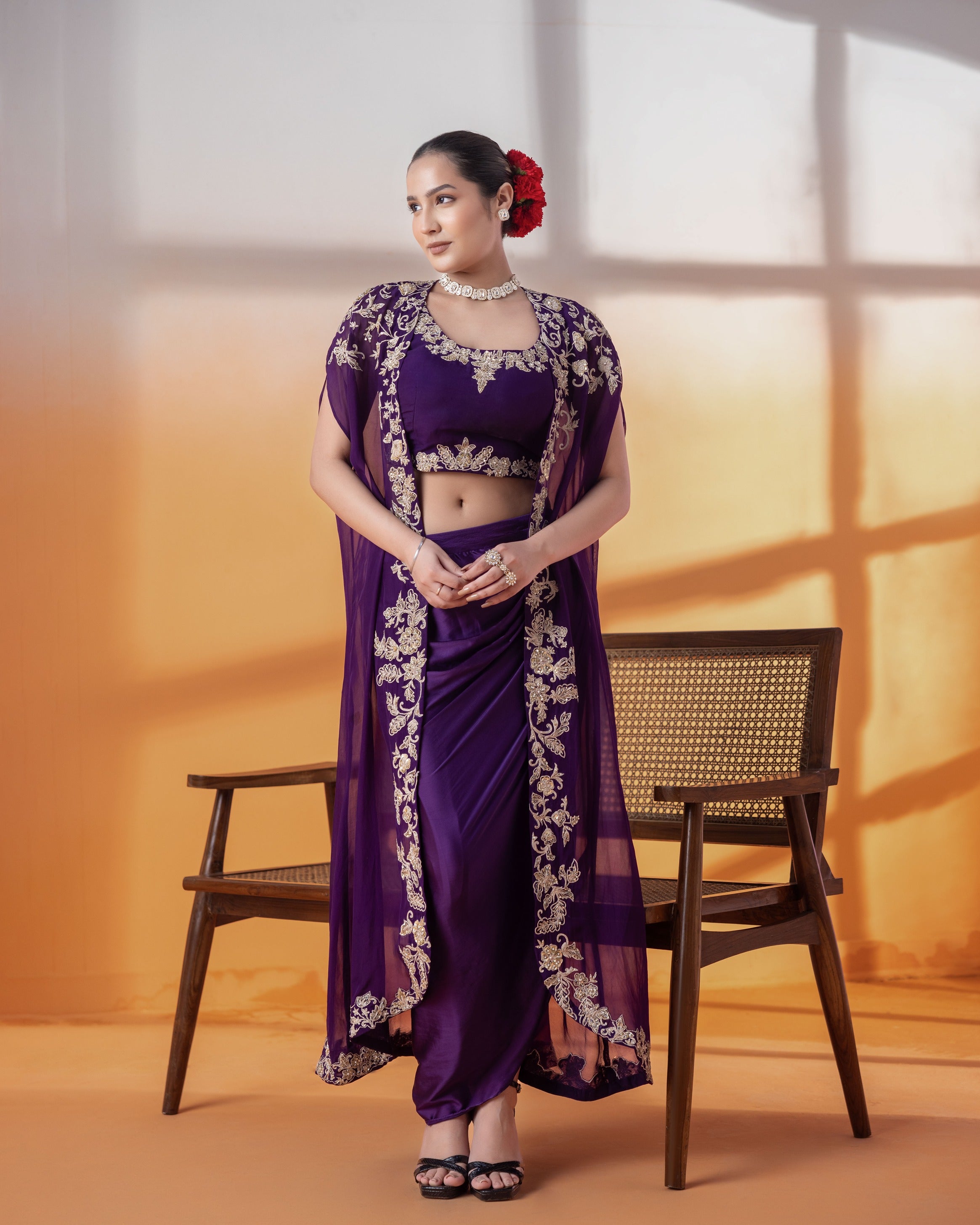 Purple Crepe & Organza Skirt Set