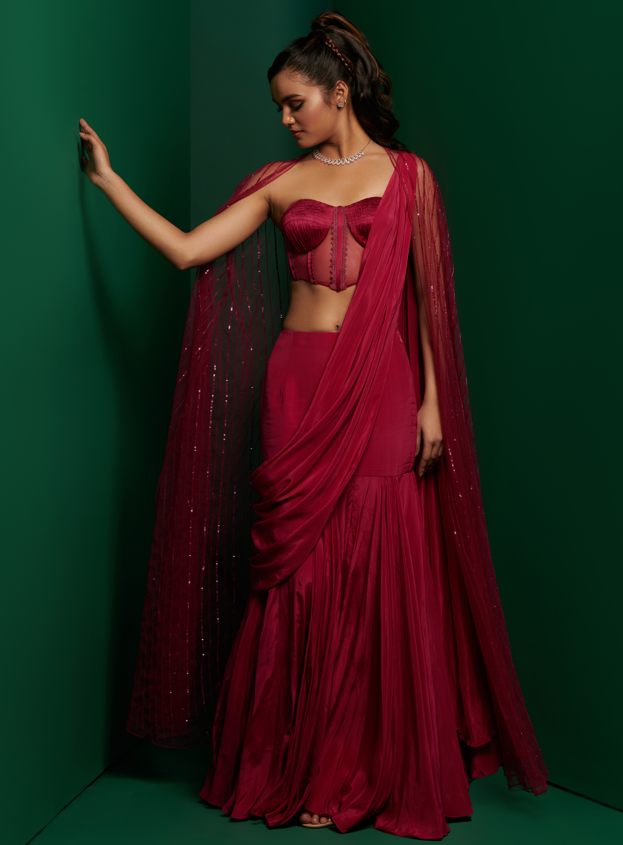 Fuchsia Pink Corset With Drape Skirt And Embellished Cape