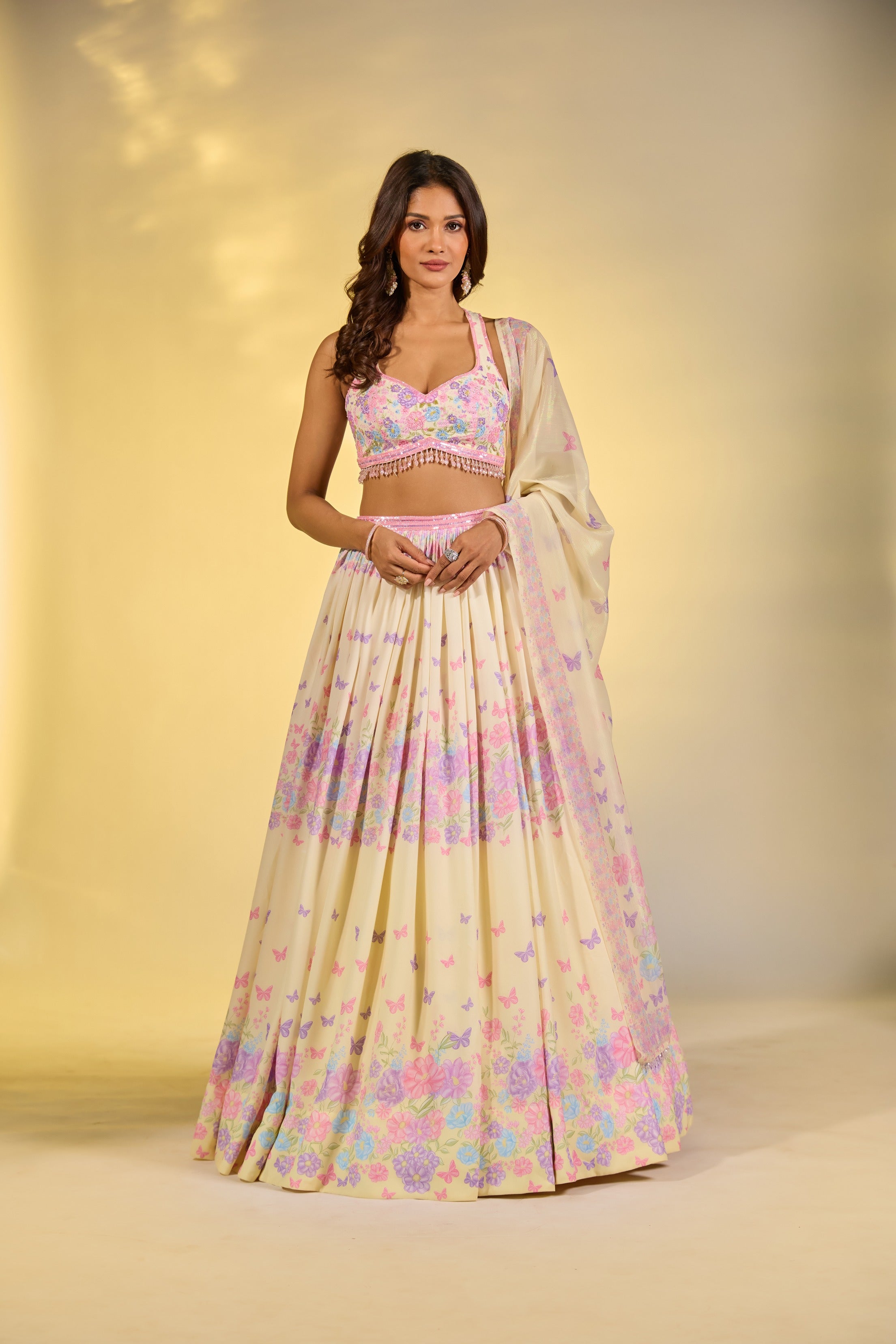 Yellow Printed Embroidered Blouse Lehenga Set