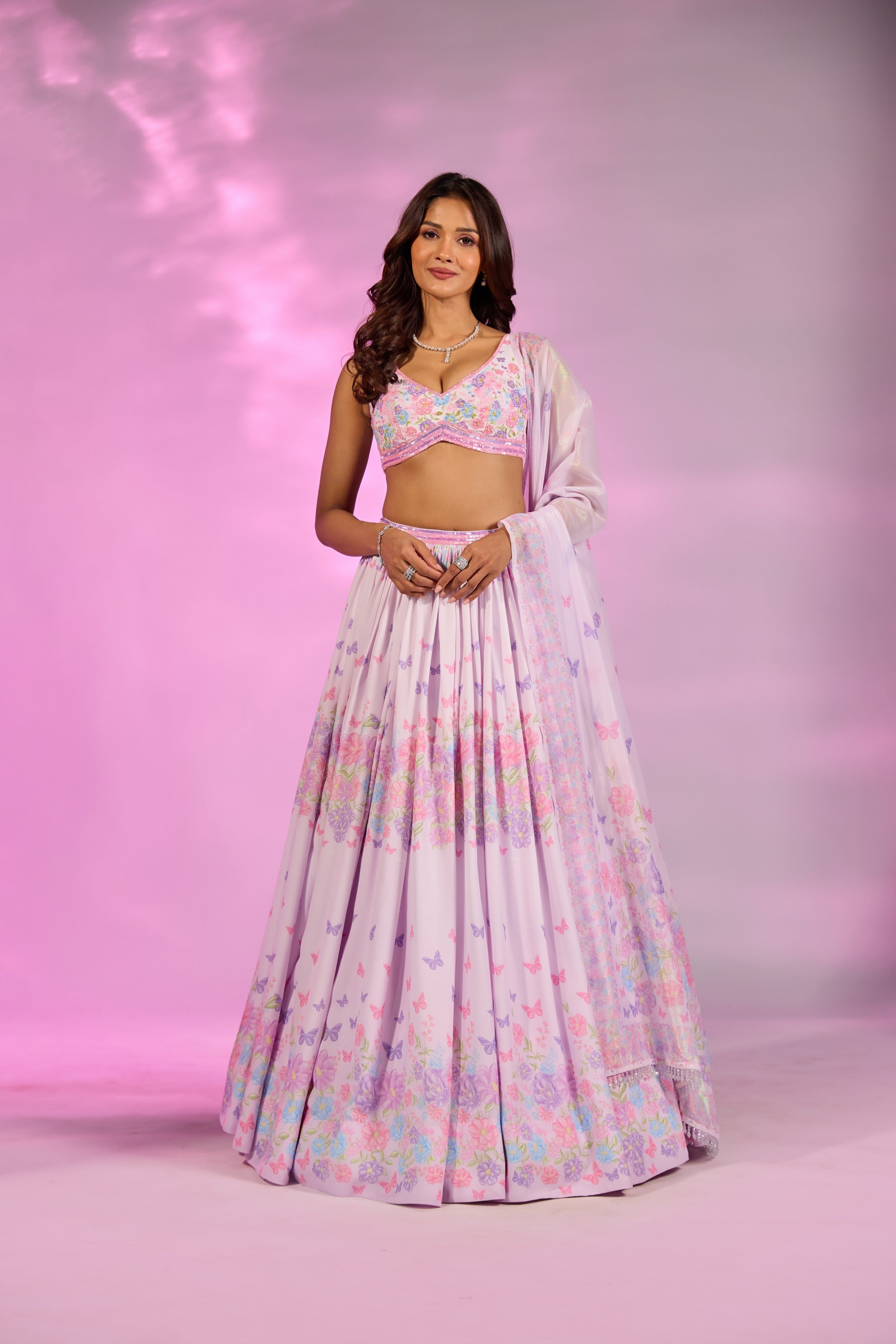Lilac Flower Printed Embroidered Blouse Lehenga Set