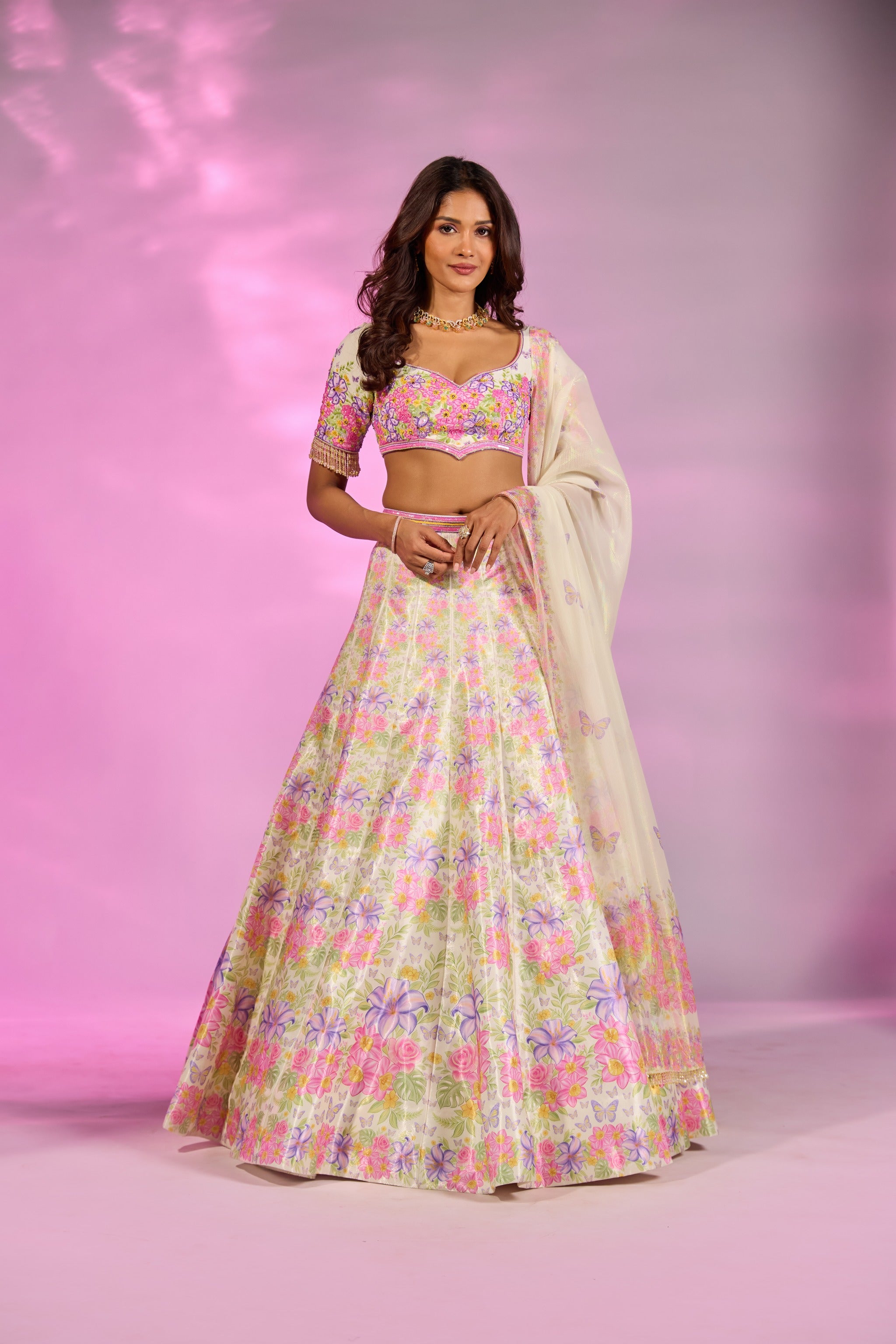 Lemon Yellow Flower Printed Embroidered Blouse Lehenga Set