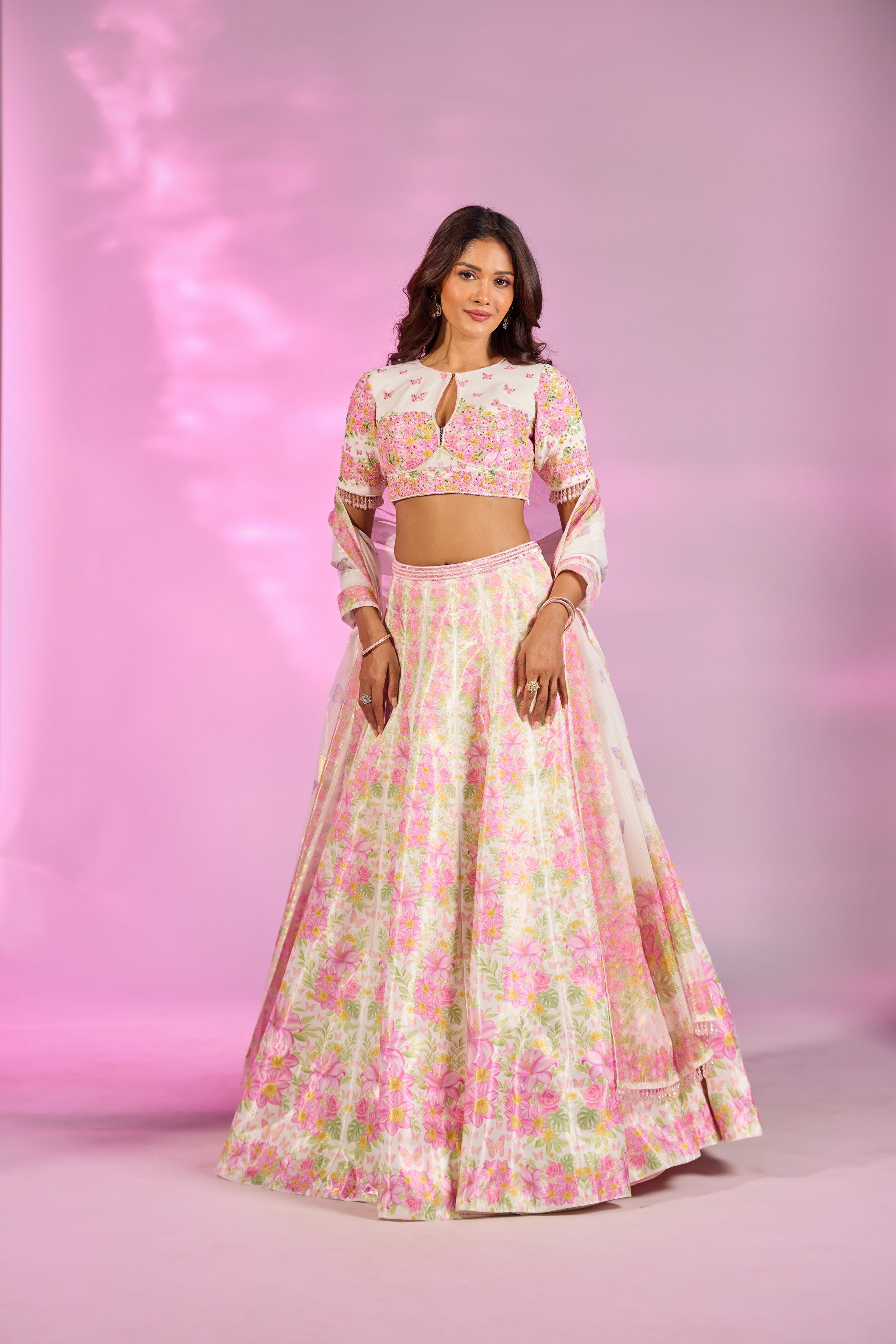 Ivory Pink Printed Embroidered Blouse Lehenga Set