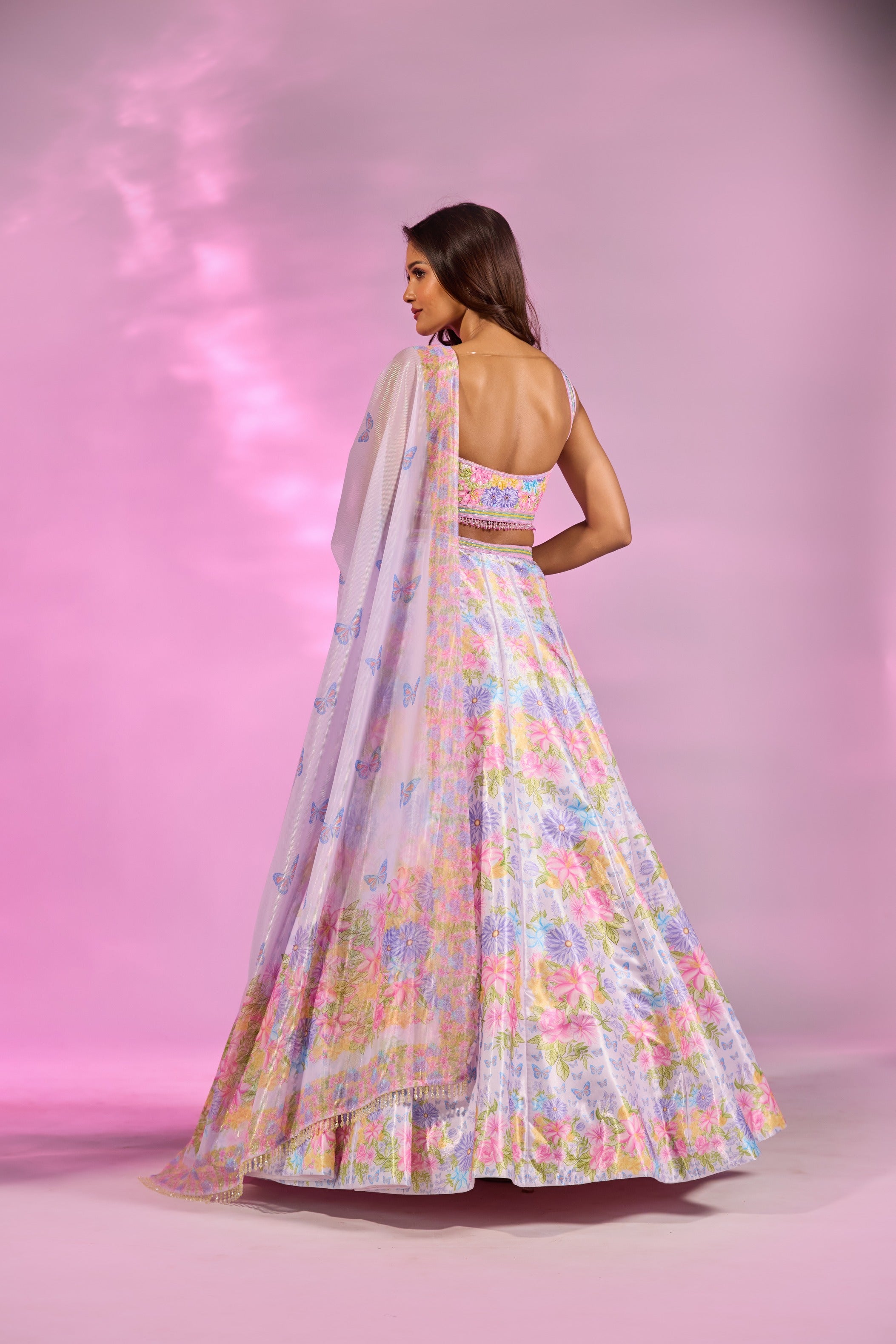 Lilac Printed Embroidered Blouse Lehenga Set