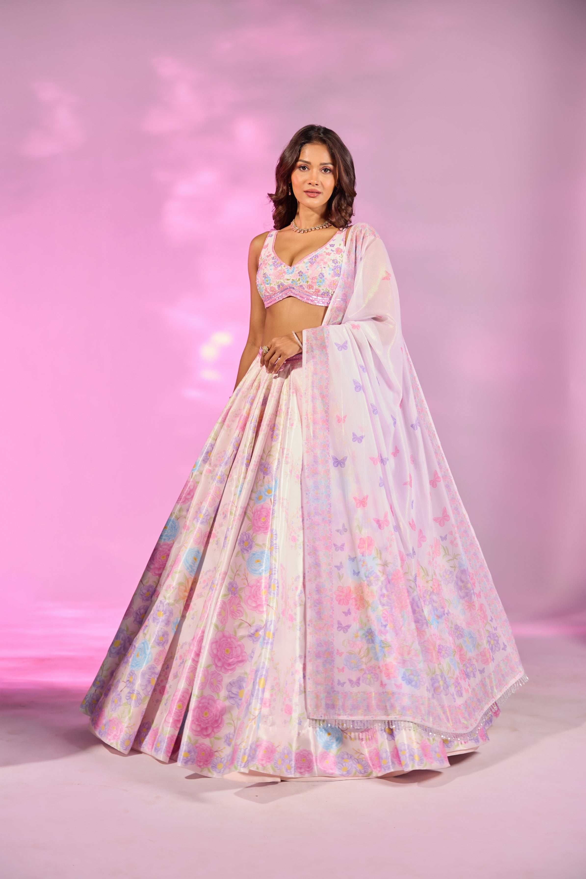 Blush Pink Flower Embroidered Blouse Lehenga Set