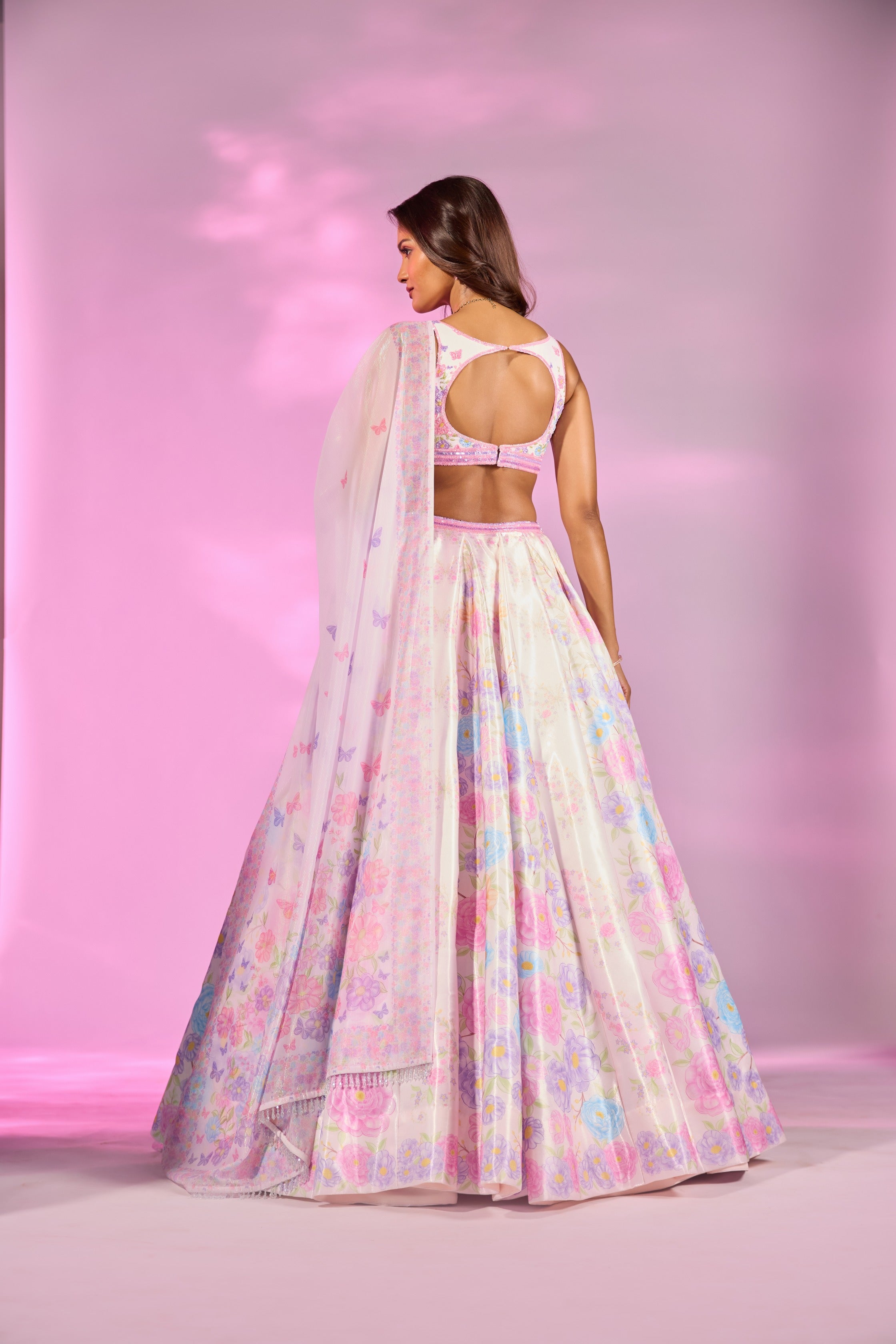 Blush Pink Flower Embroidered Blouse Lehenga Set