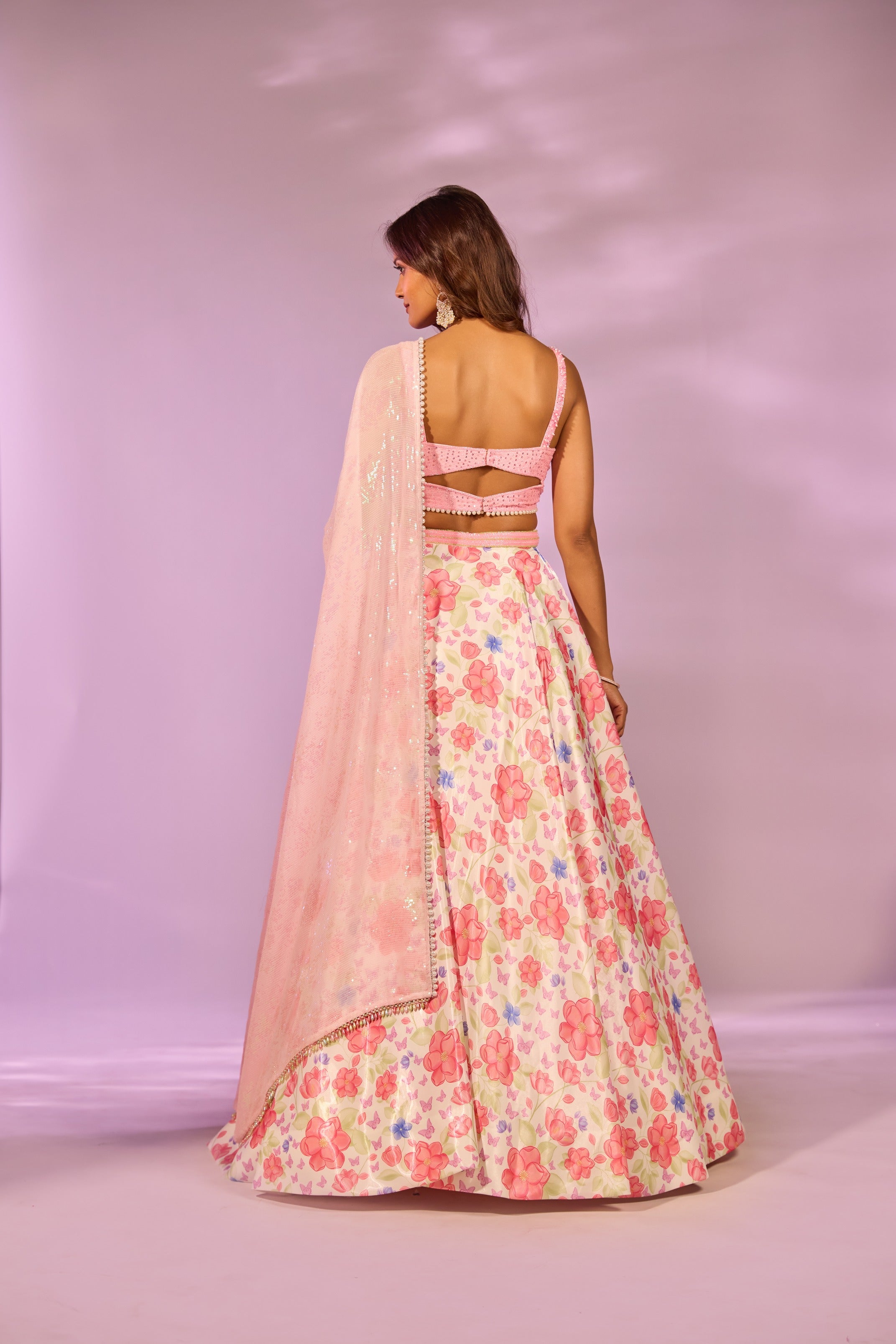 Cherry Ivory Printed Embroidered Blouse Lehenga Set