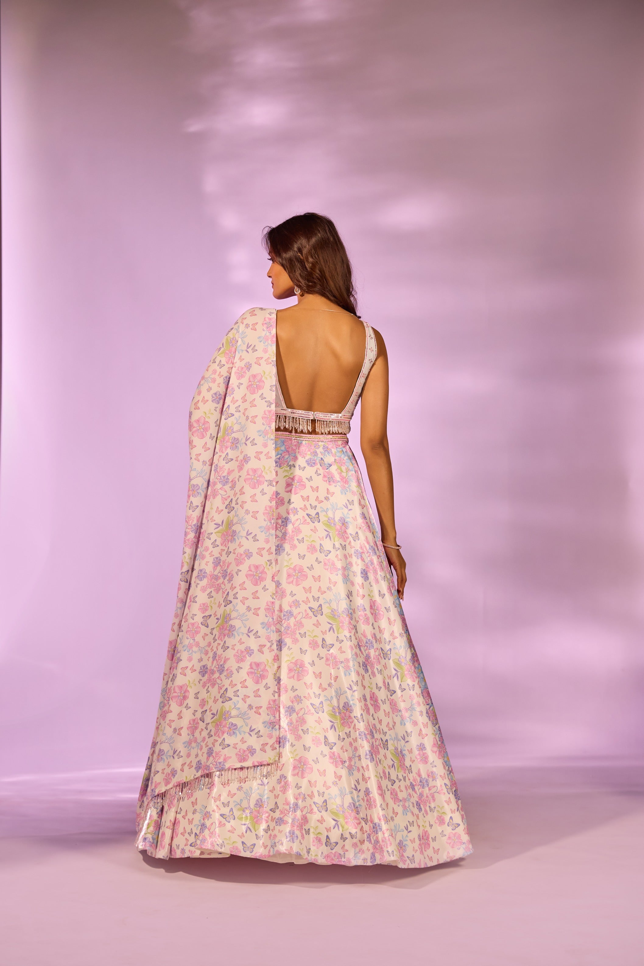 Ivory Floral Printed Embroidered Blouse Lehenga Set