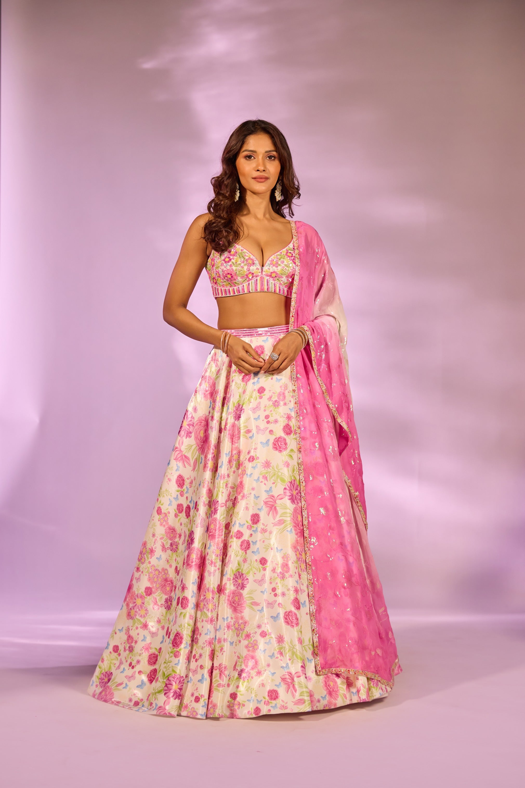 Ivory Pink Floral Printed Embroidered Blouse Lehenga Set