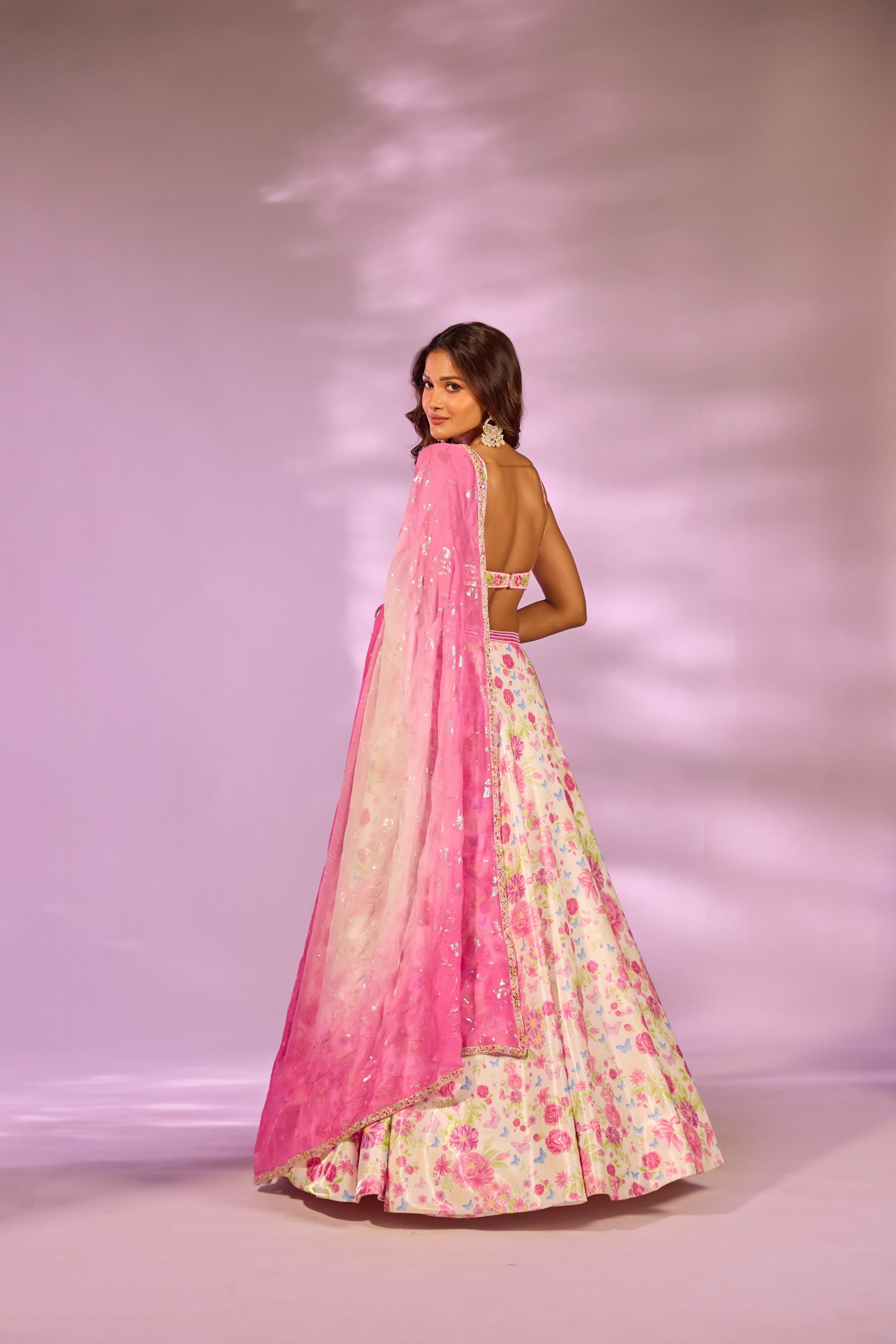 Ivory Pink Floral Printed Embroidered Blouse Lehenga Set