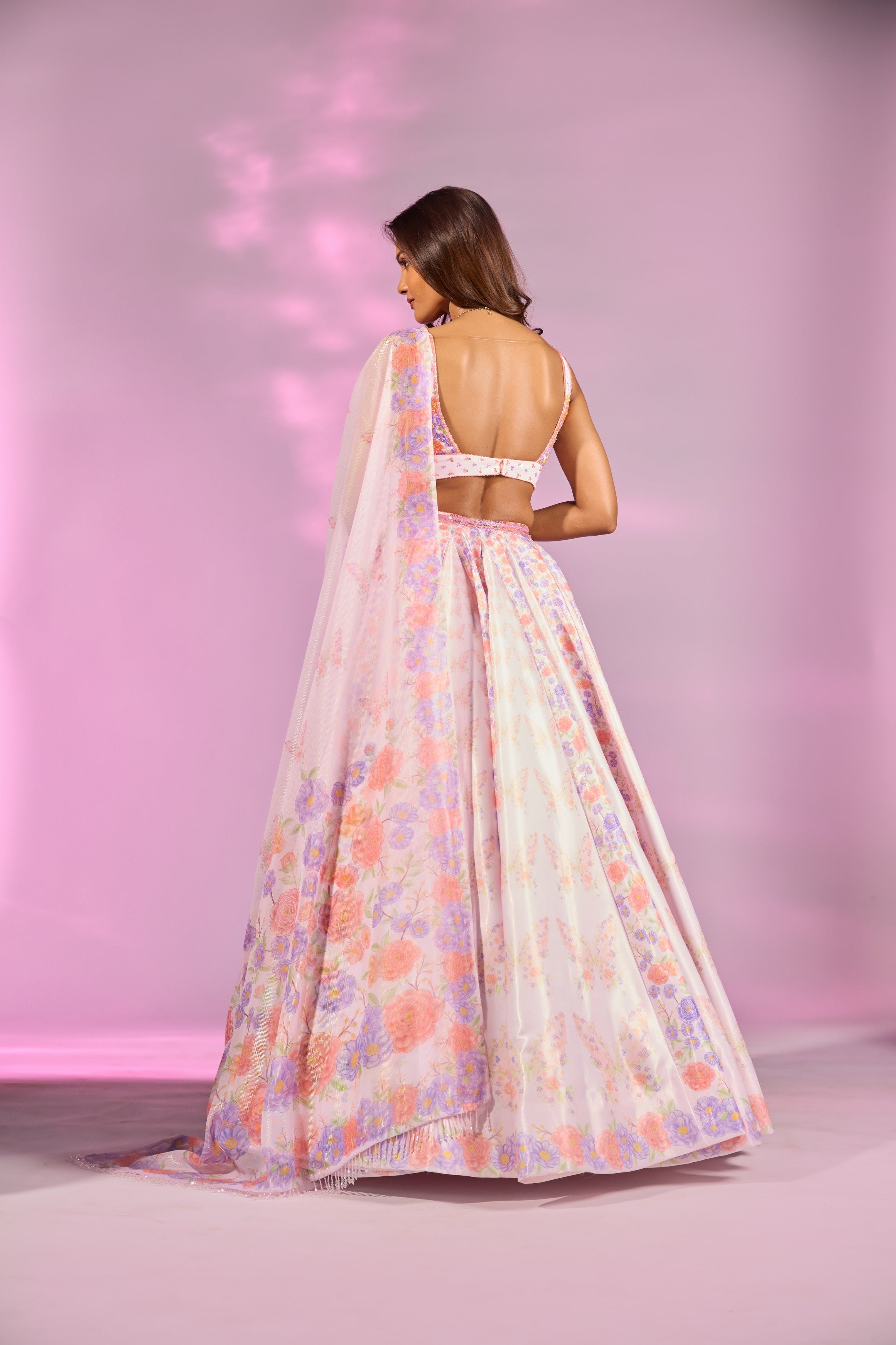 Pink Orange Printed Embroidered Blouse Lehenga Set