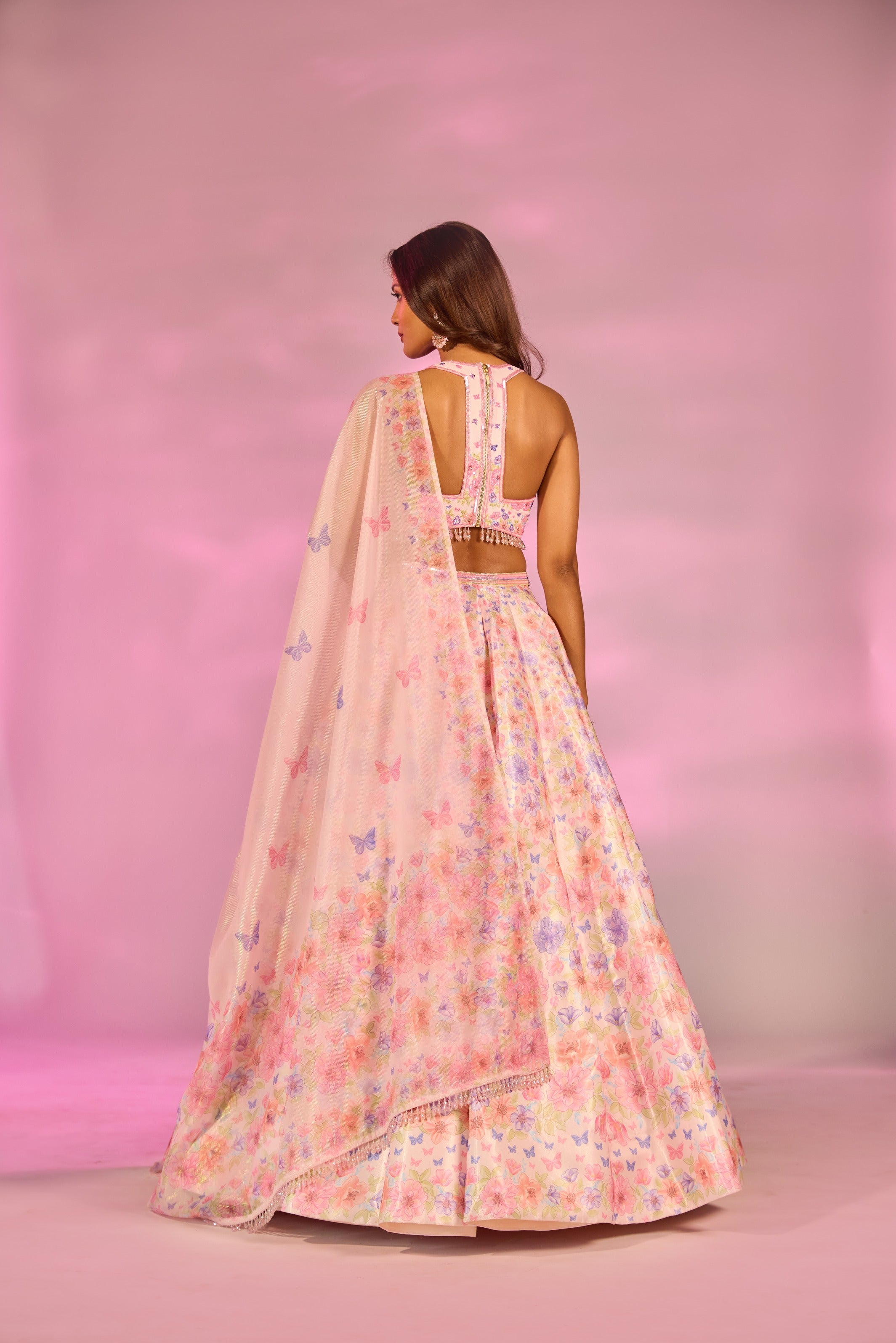 Peach Flower Printed Embroidered Blouse Lehenga Set