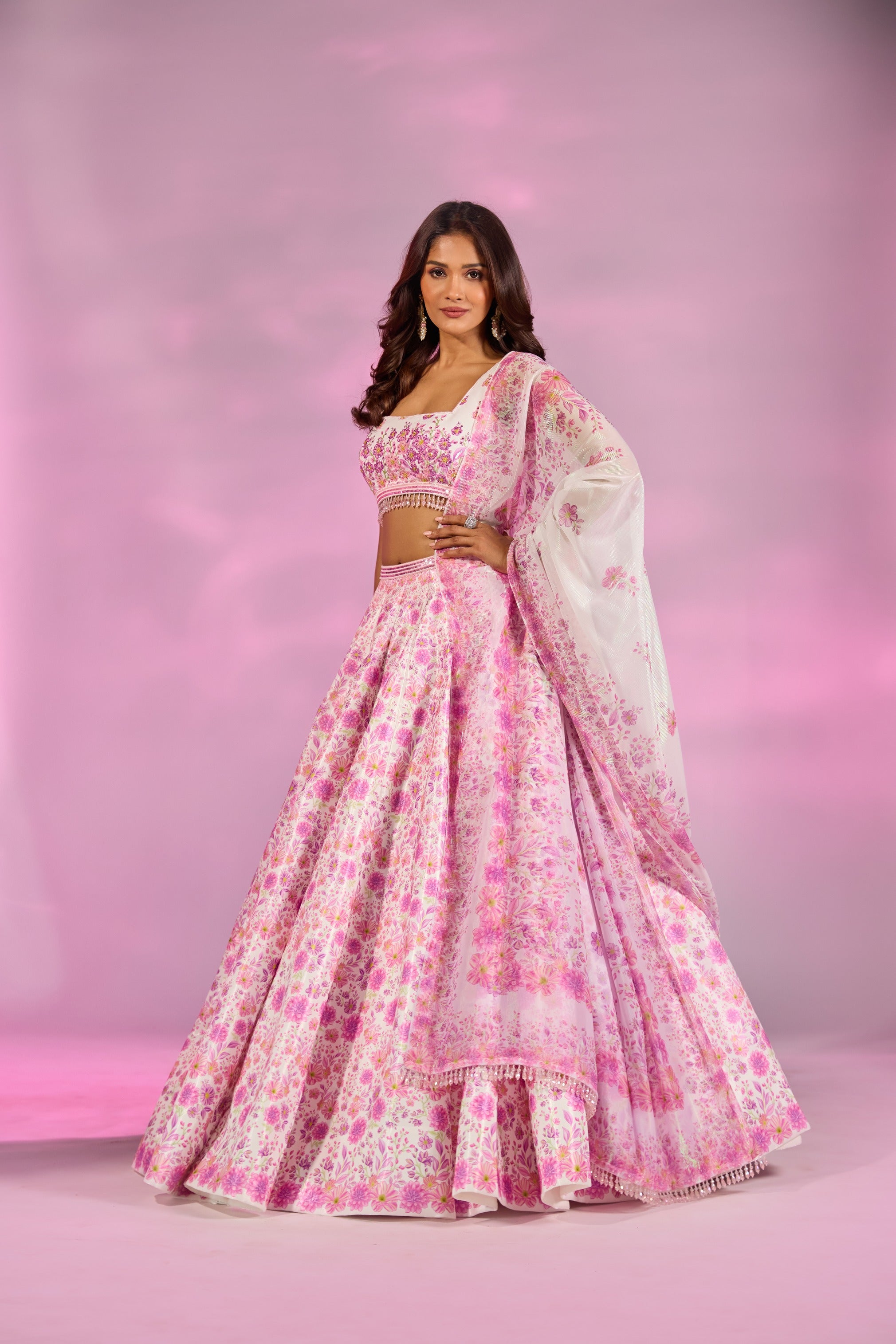 Pink Flower Printed Embroidered Blouse Lehenga Set