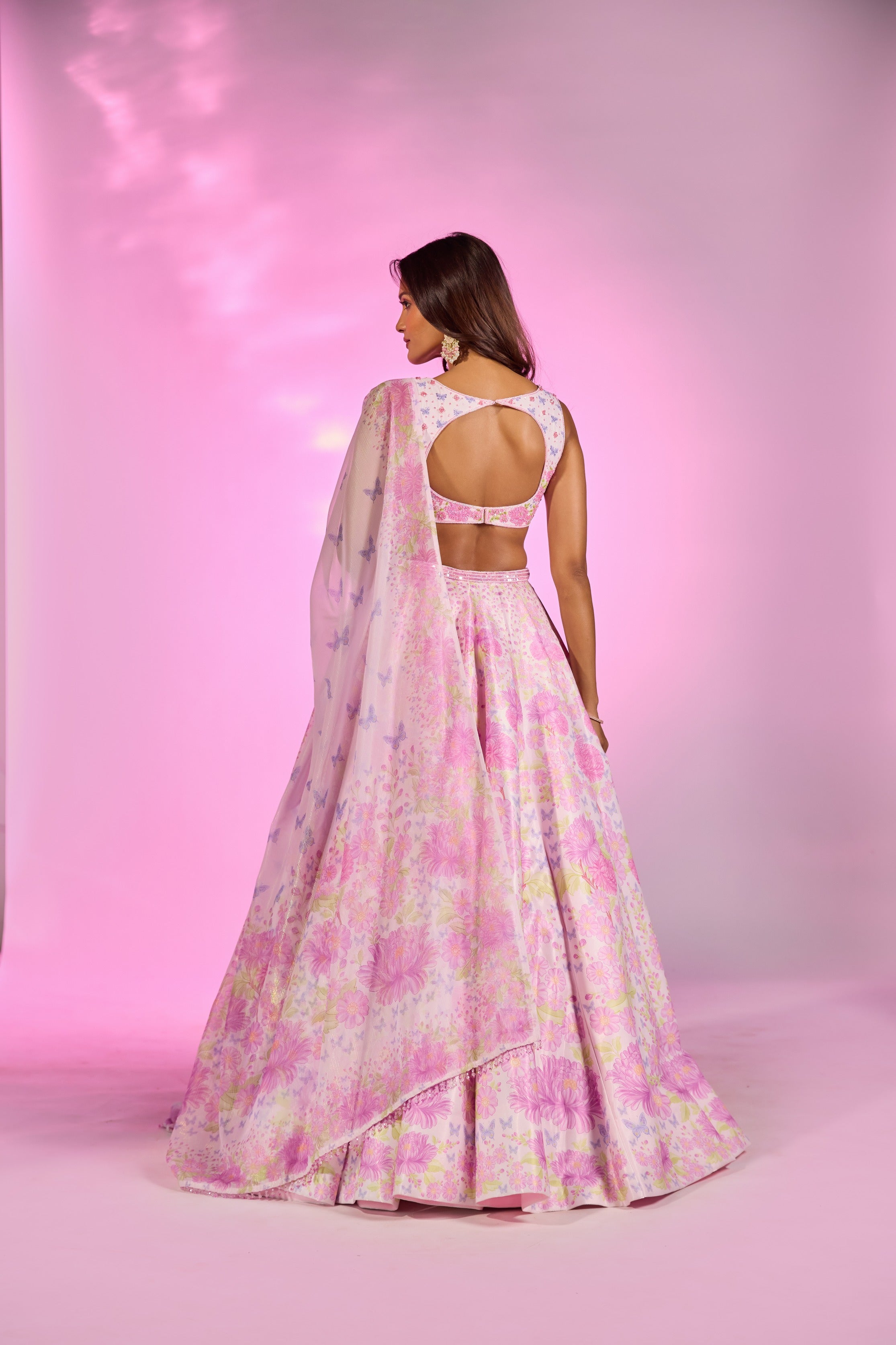 Baby Pink Printed Embroidered Blouse Lehenga Set