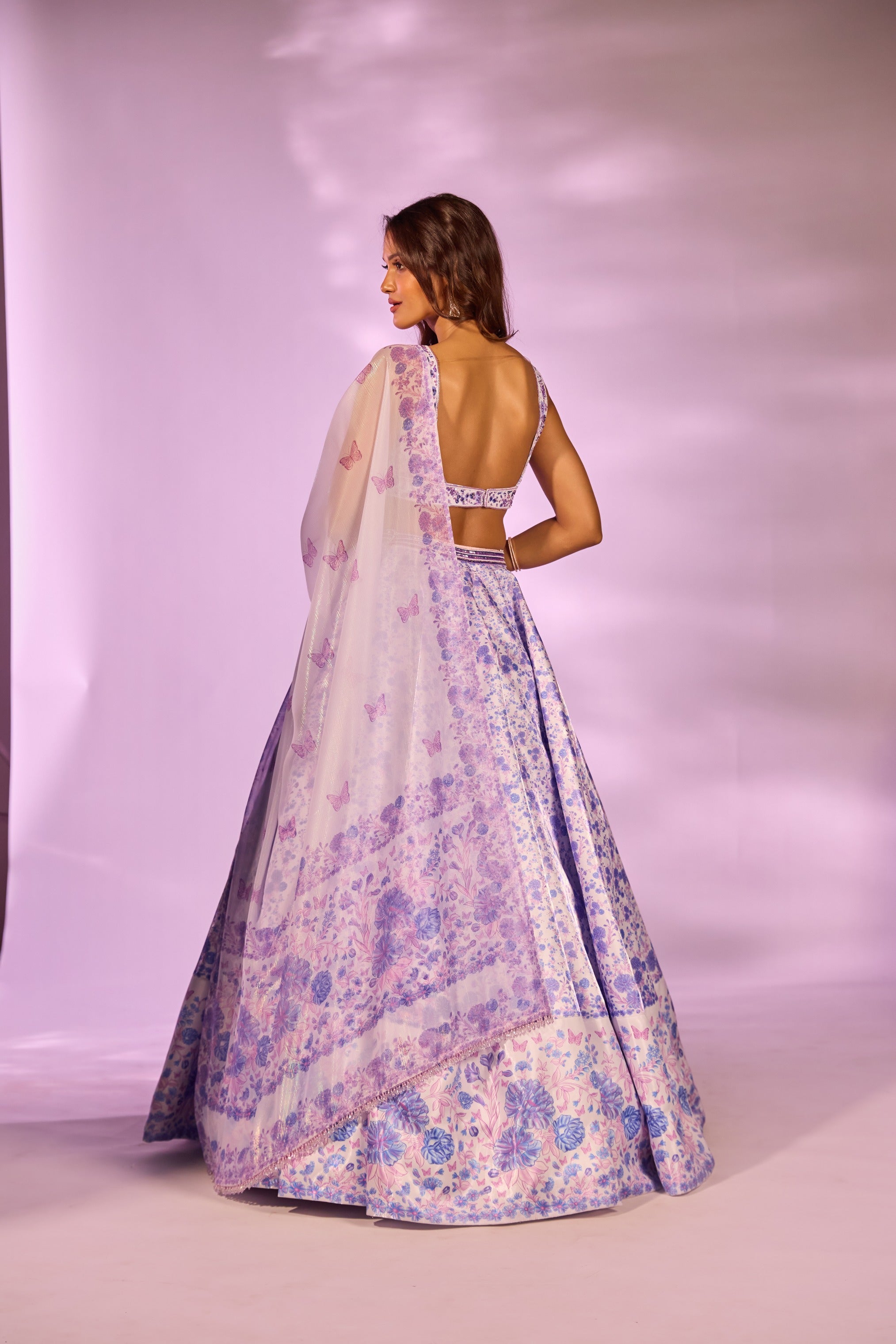 Lilac Printed Embroidered Blouse Lehenga Set