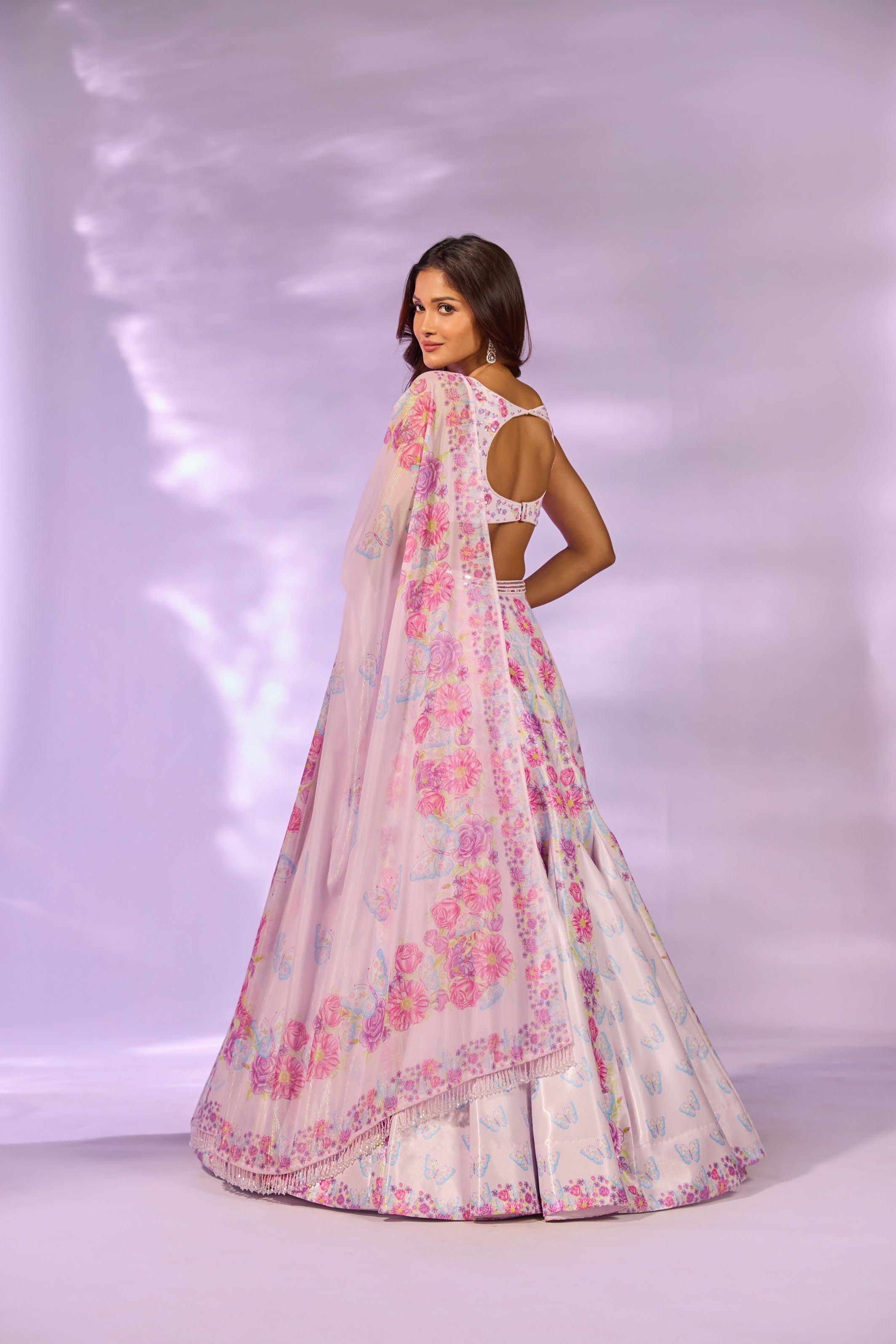 Pink Flower Printed Embroidered Blouse Lehenga Set
