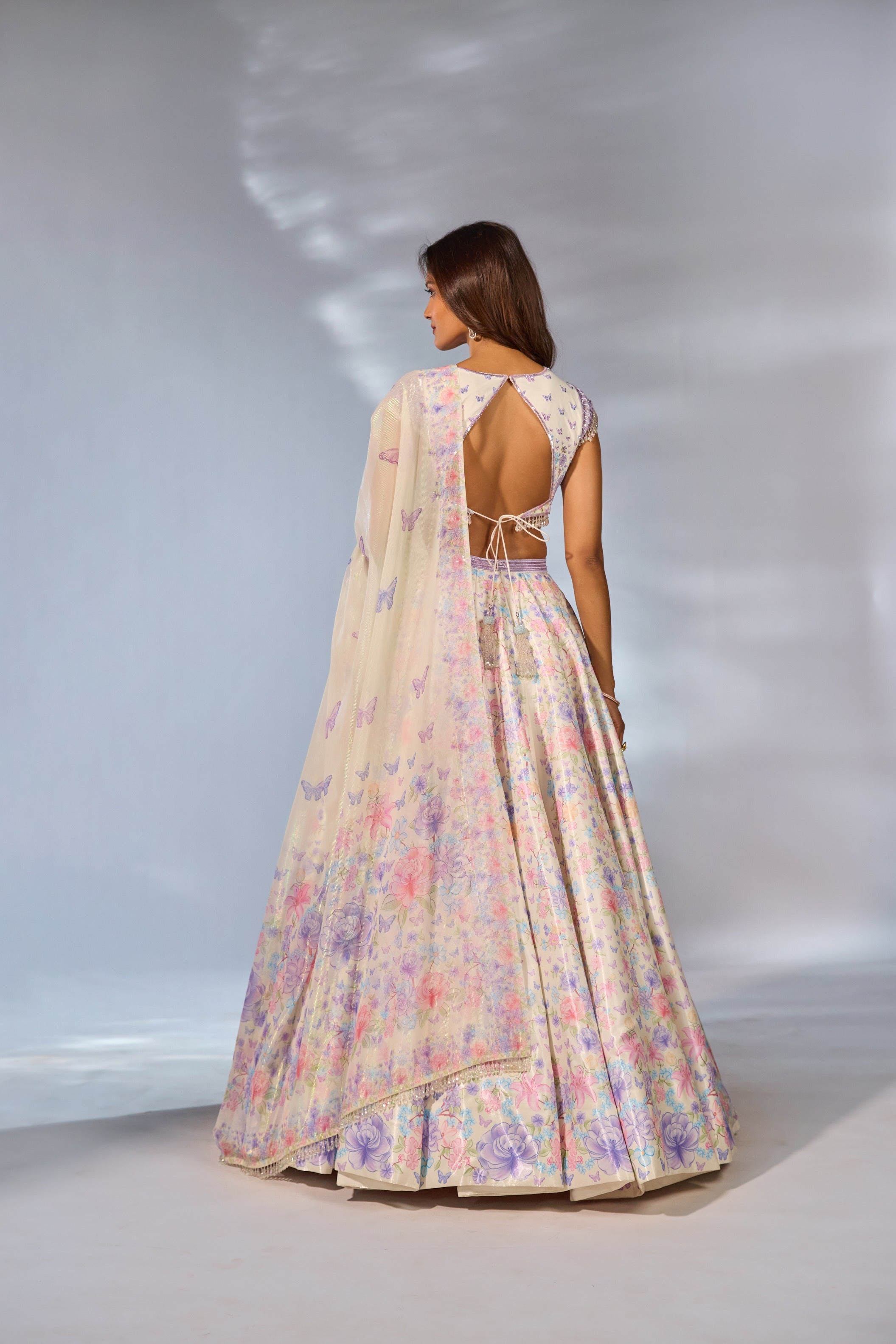 Ivory Flower Printed Embroidered Blouse Lehenga Set