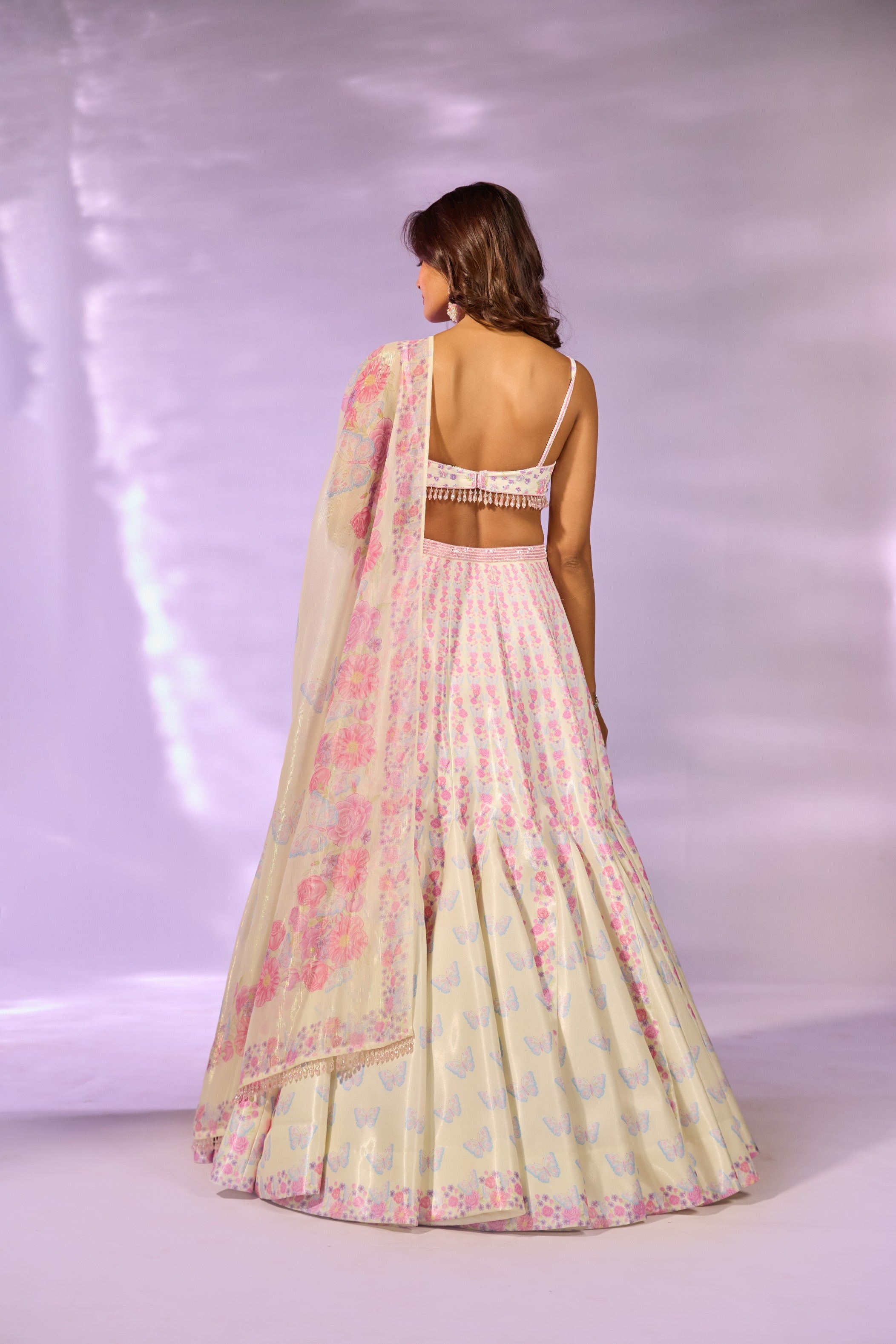 Yellow Flower Printed Embroidered Blouse Lehenga Set