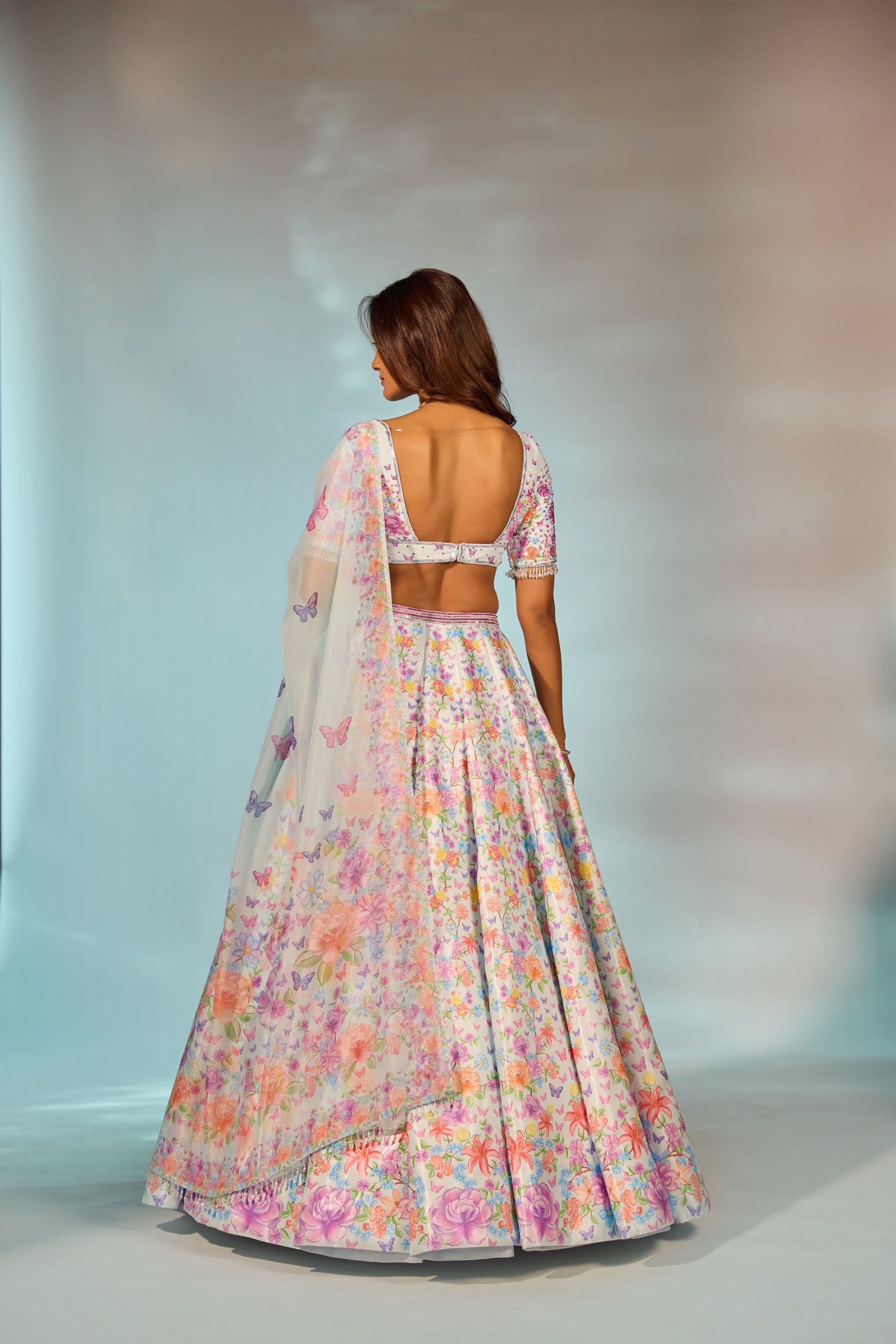 Sky Blue Printed Embroidered Blouse Lehenga Set