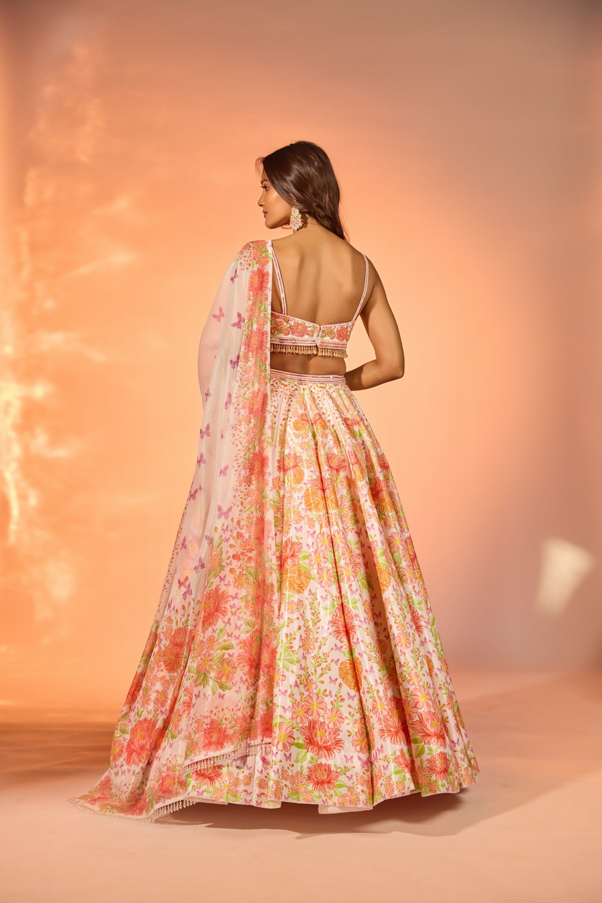 Orange Flower Printed Embroidered Blouse Lehenga Set