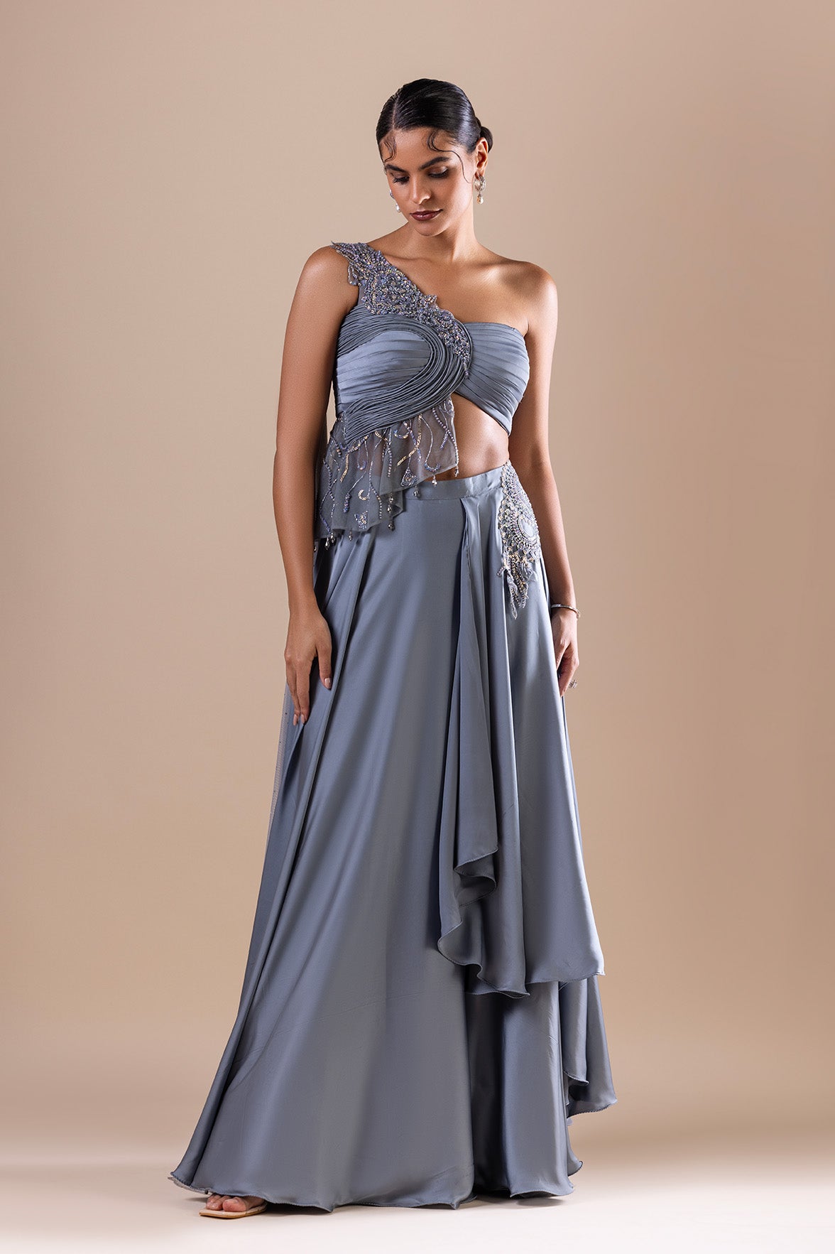 Grey Armani Satin Crop Top And Skirt