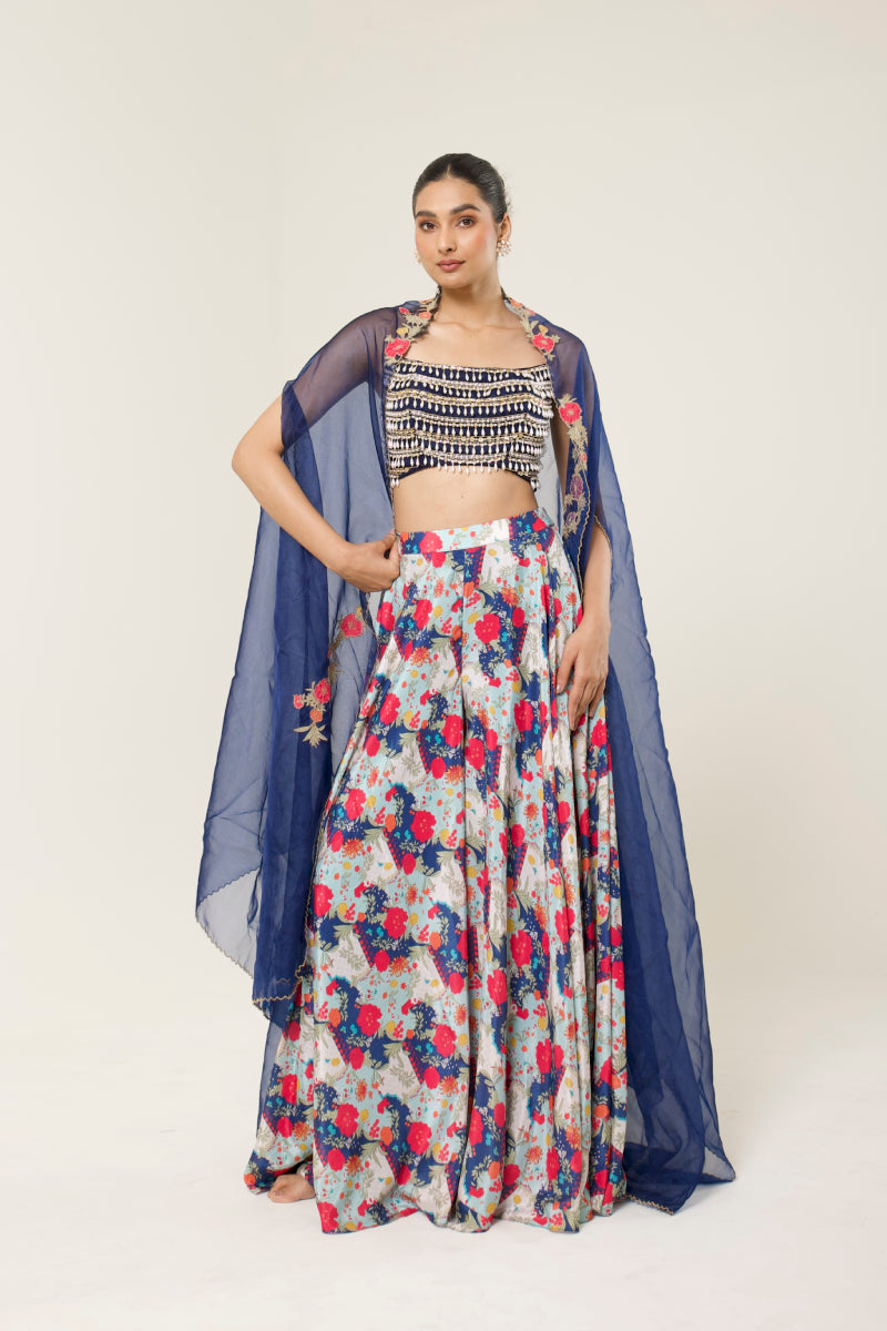 FLORIVA PRINTED SHARARA CAPE SET