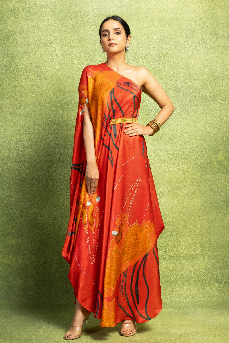 Red Abstract Printed One Shoulder Drape
