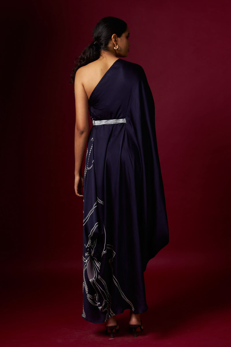 Blue Abstract Printed One Shoulder Drape