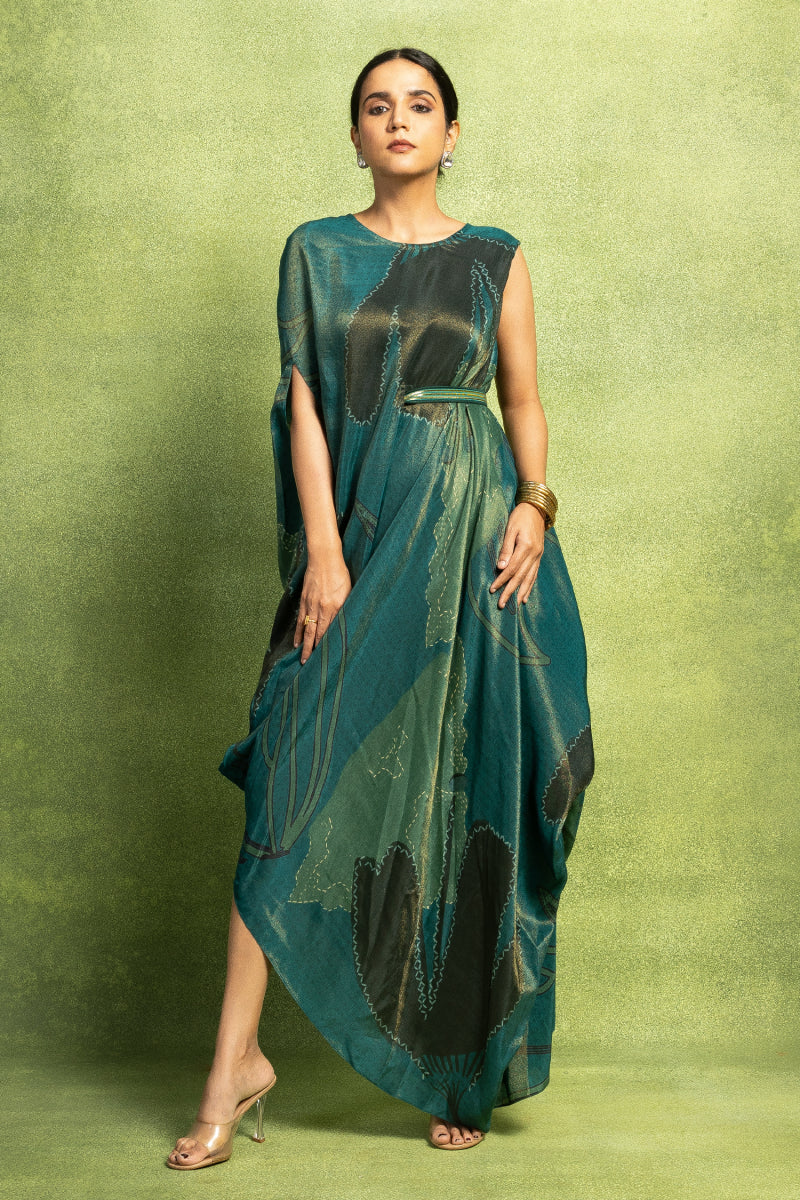 Teal Abstract Printed Sleeveless Drape