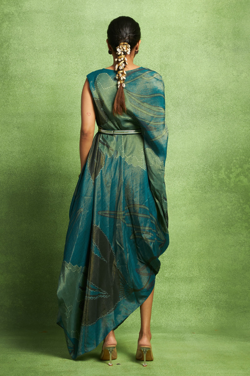 Teal Abstract Printed Sleeveless Drape