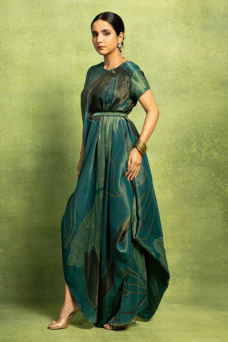 Teal Abstract Printed Drape with Sleeves
