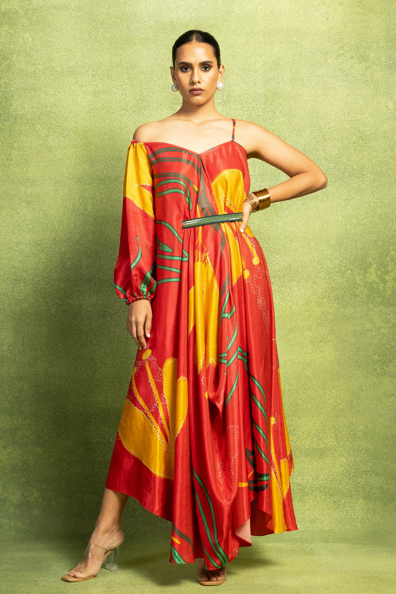 Abstract Floral Print Strap Drape Dress