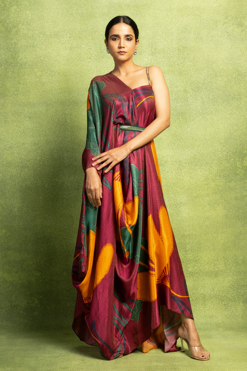 Purple Abstract Printed V Neck Drape