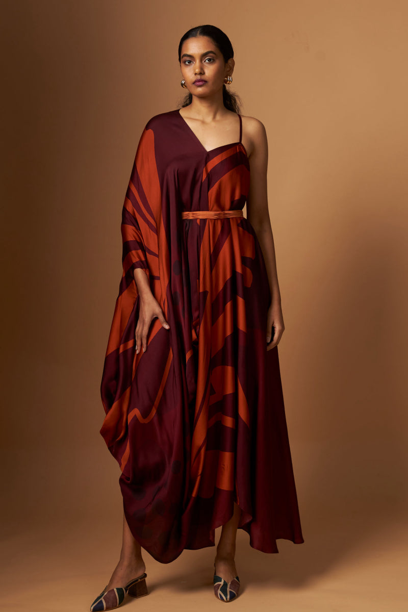 Maroon Abstract Printed V Neck Drape