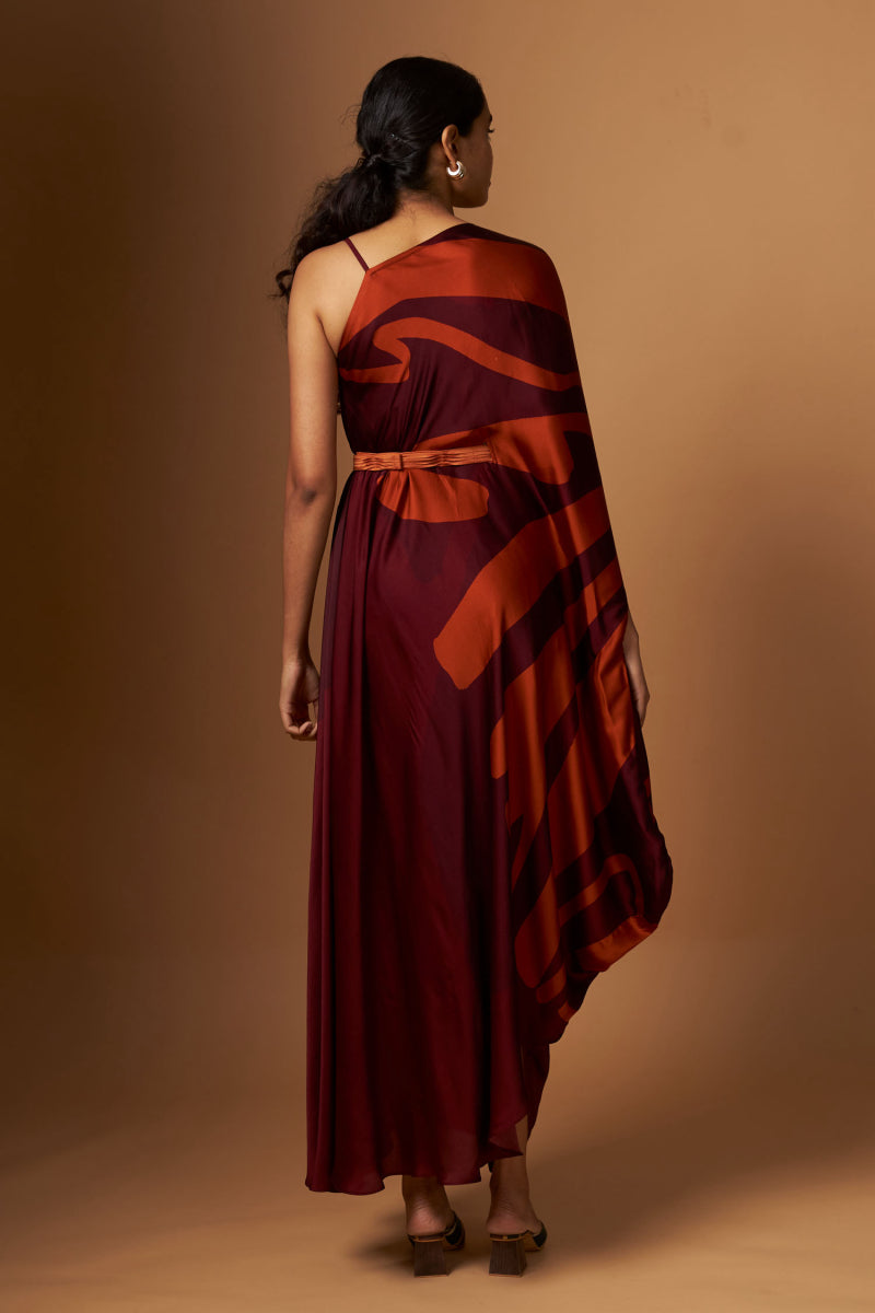 Maroon Abstract Printed V Neck Drape