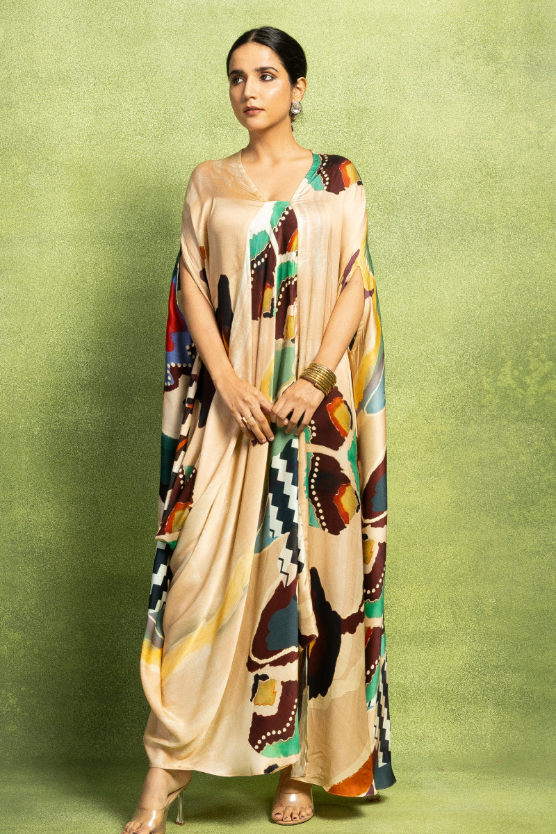 Beige Abstract Printed Kaftan Drape