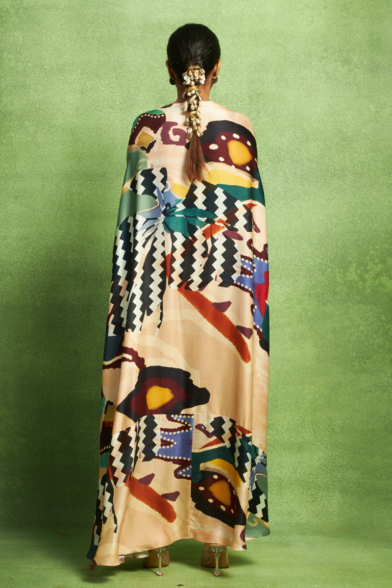 Beige Abstract Printed Kaftan Drape