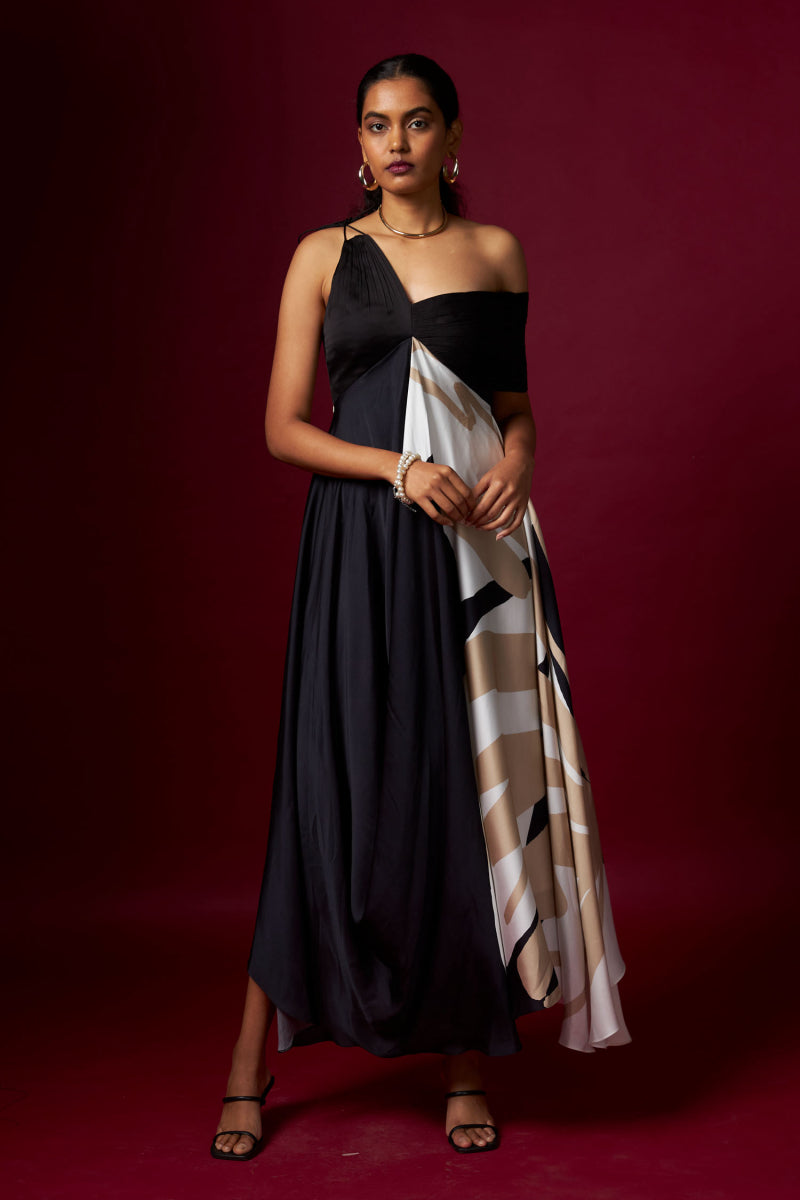 Black & White Abstract Print One Shoulder Dress