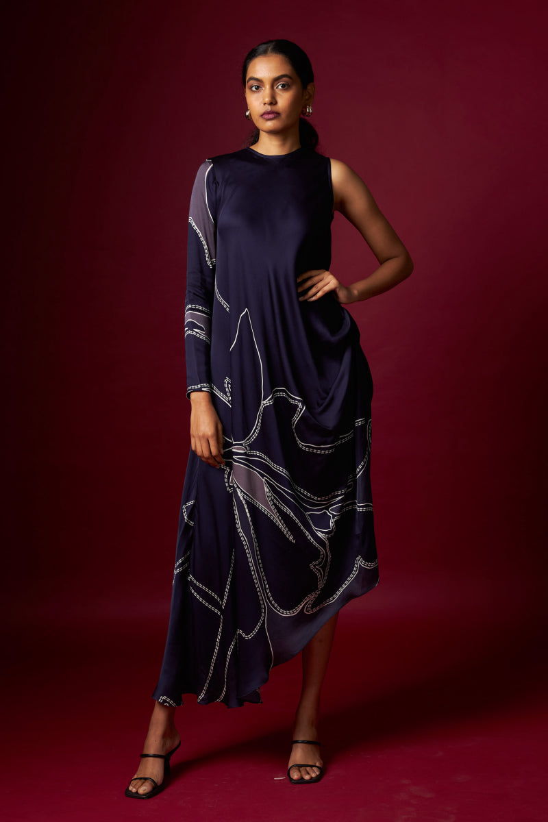 Blue Abstract Print Drape with One Side Sleeve