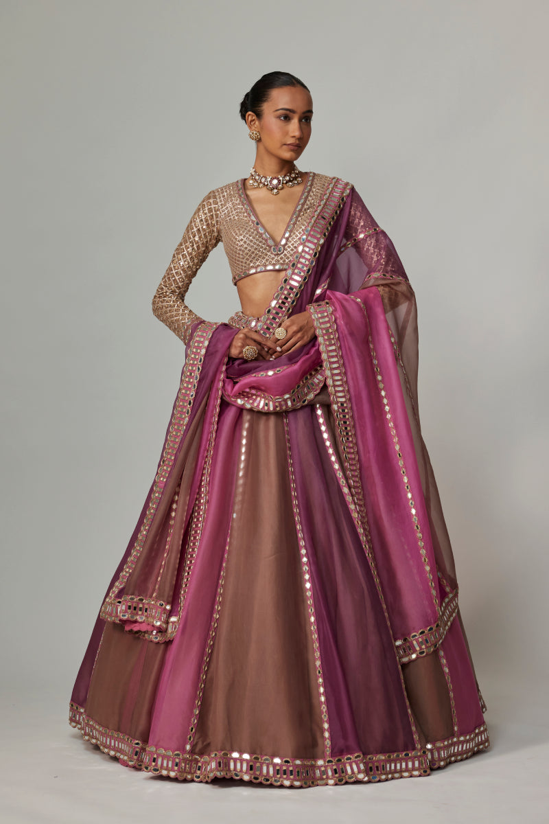 MUD MAUVE MULTICOLOR LEHENGA WITH V NECK BLOUSE