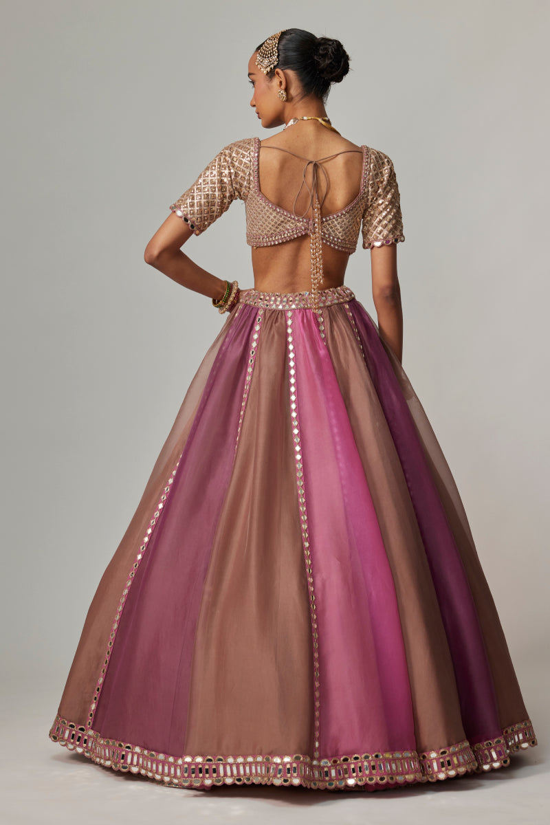 MUD MAUVE MULTICOLOR LEHENGA WITH ELBOW SLEEVE BLOUSE
