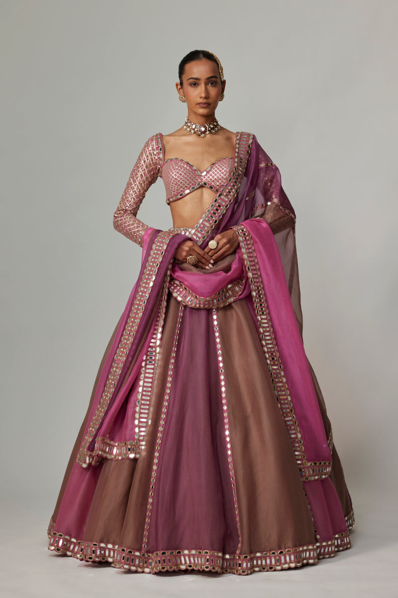 MUD MAUVE MULTICOLOR LEHENGA WITH ELBOW SLEEVE BLOUSE
