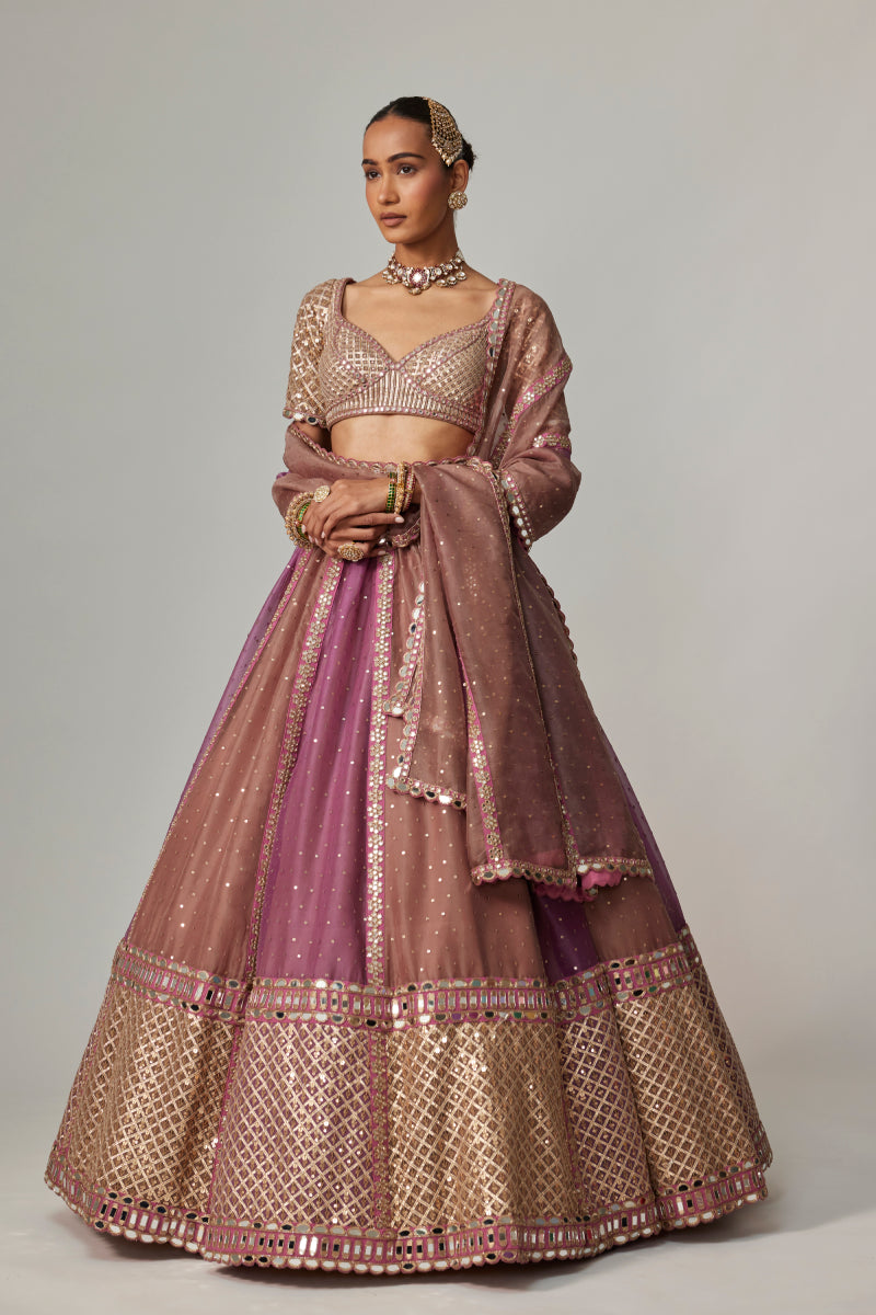 MUD MAUVE MULTICOLOR SEQUIN SCATTER LEHENGA WITH ELBOW SLEEVE BLOUSE