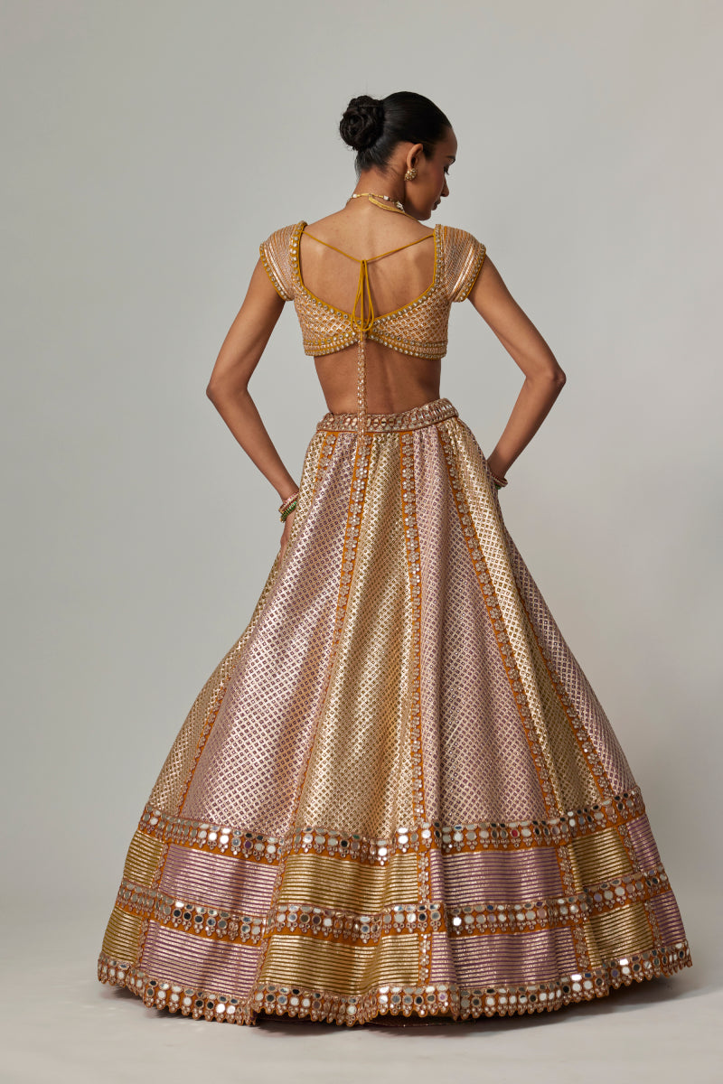 MUSTARD MULTICOLOR HEAVY METALLIC LEHENGA WITH GREEN DUPATTA